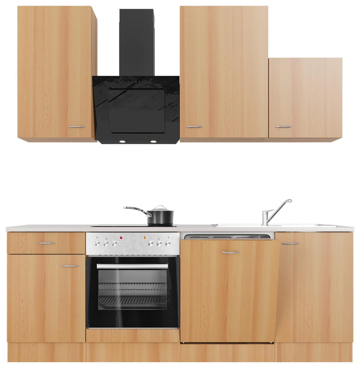 Küchenblock in Buche/Creme inkl. Geräte und Spüle 'Nano' - Edelstahlfarben/Beige, MODERN, Holzwerkstoff/Kunststoff (220cm) - FlexWell