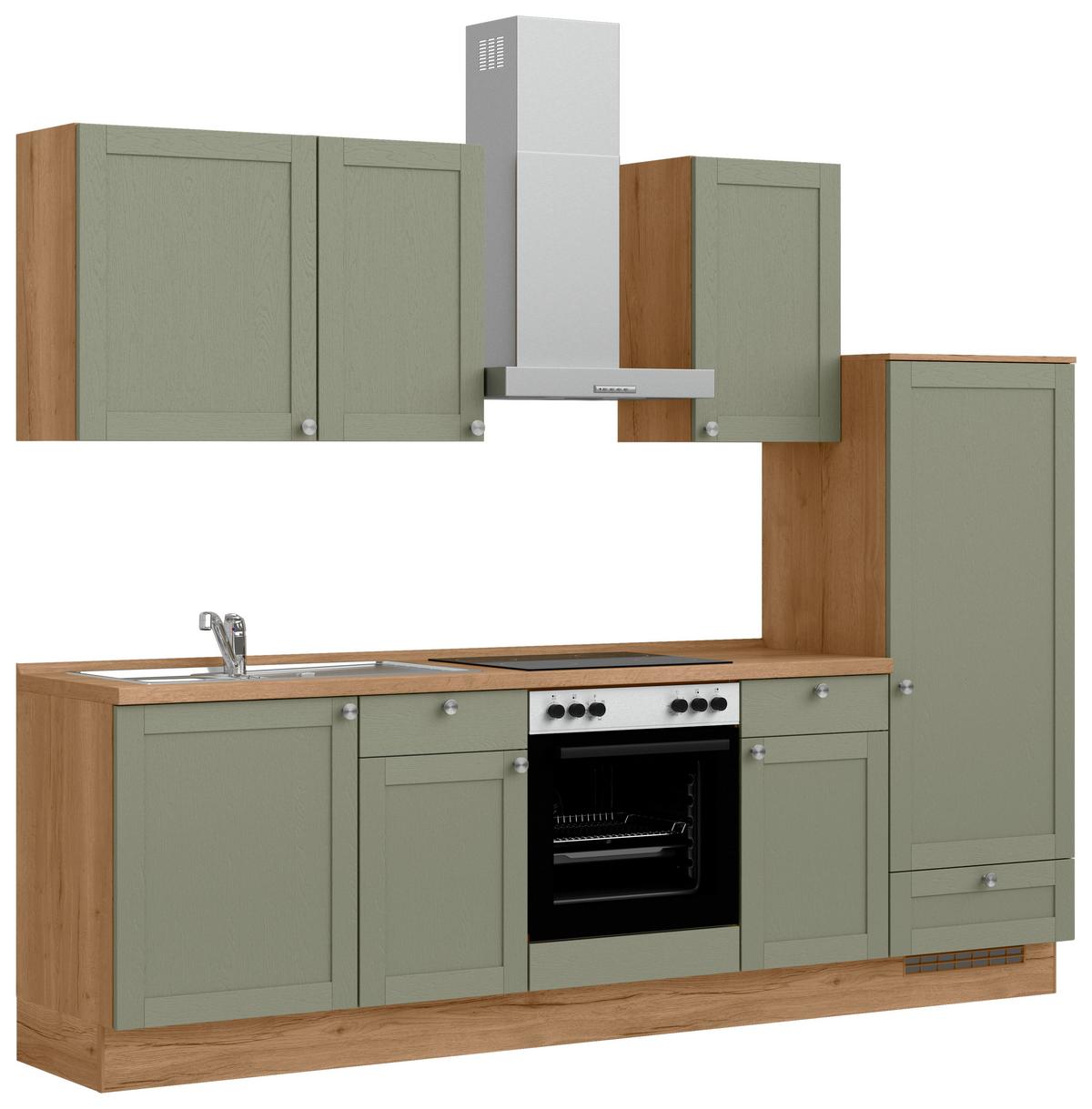Küchenleerblock Frame Low o. Geräte Olivgrün - Edelstahlfarben/Eichefarben, MODERN, Holzwerkstoff/Metall (270cm) - Nobilia
