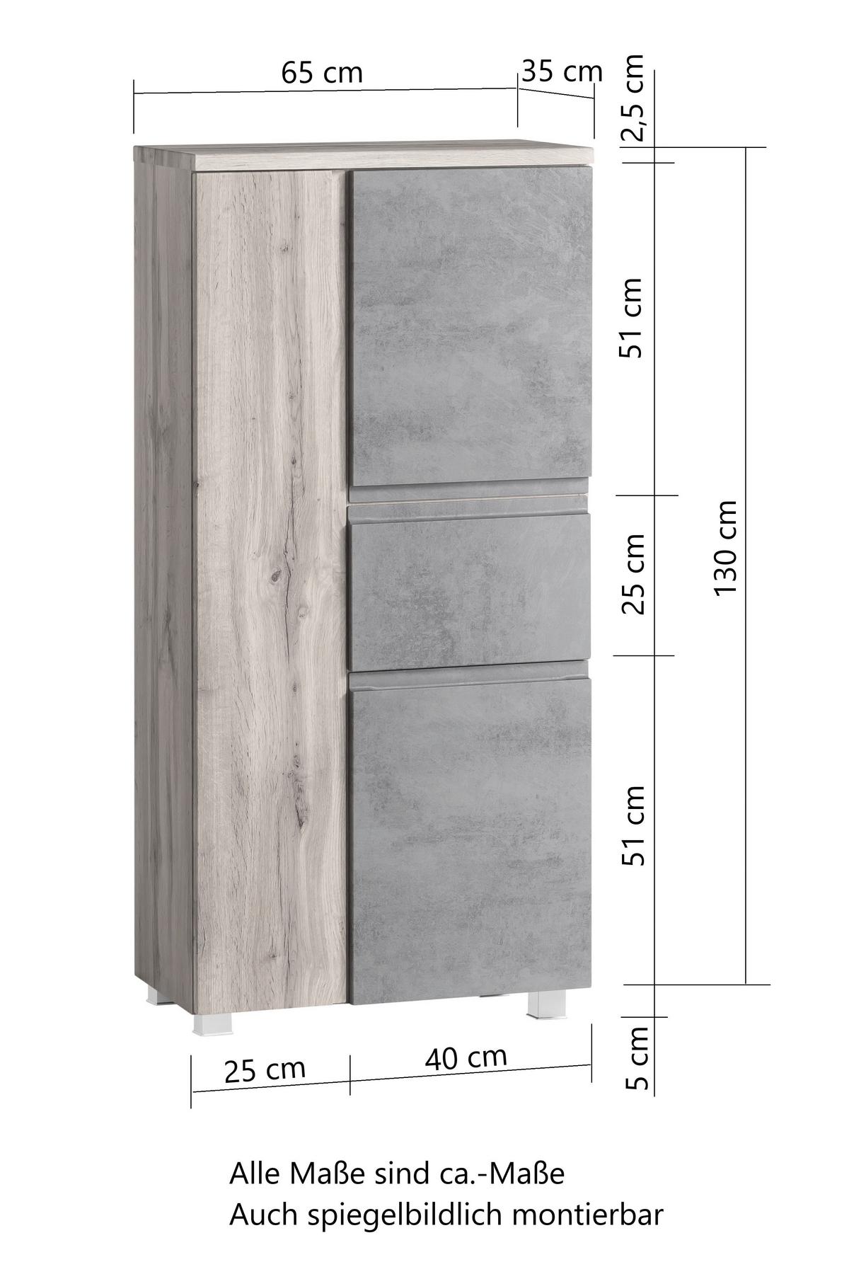 Midischrank Varese ca. 65x130 cm Hellgrau/Eiche - Eiche Wotan/Silberfarben, MODERN, Holzwerkstoff/Kunststoff (65/130/35cm) - Held