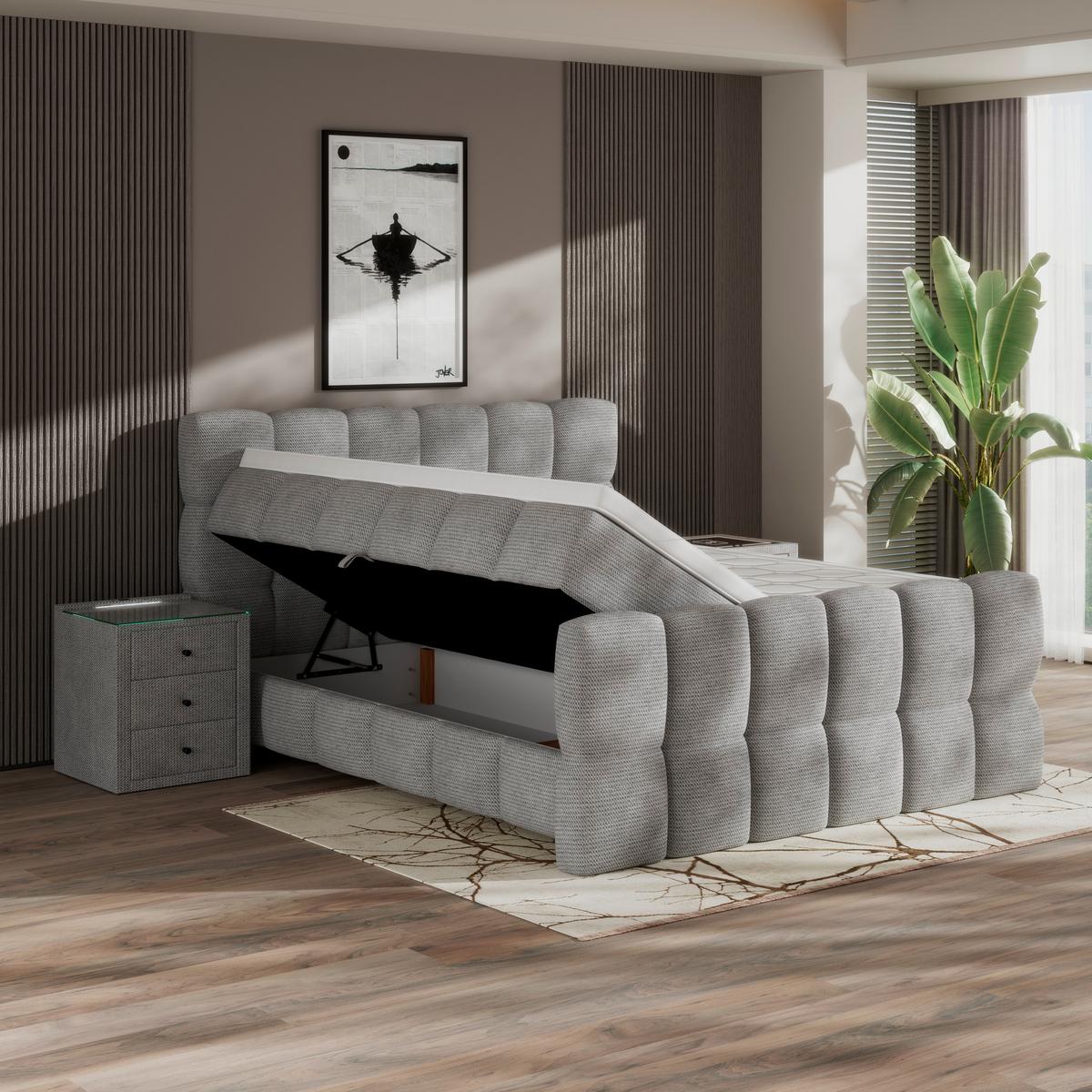 Postelja Boxspring Brisbane, Svetlo Siva, 180x200 - črna/svetlo siva, Trend, umetna masa/tekstil (180/200cm) - Premium Living