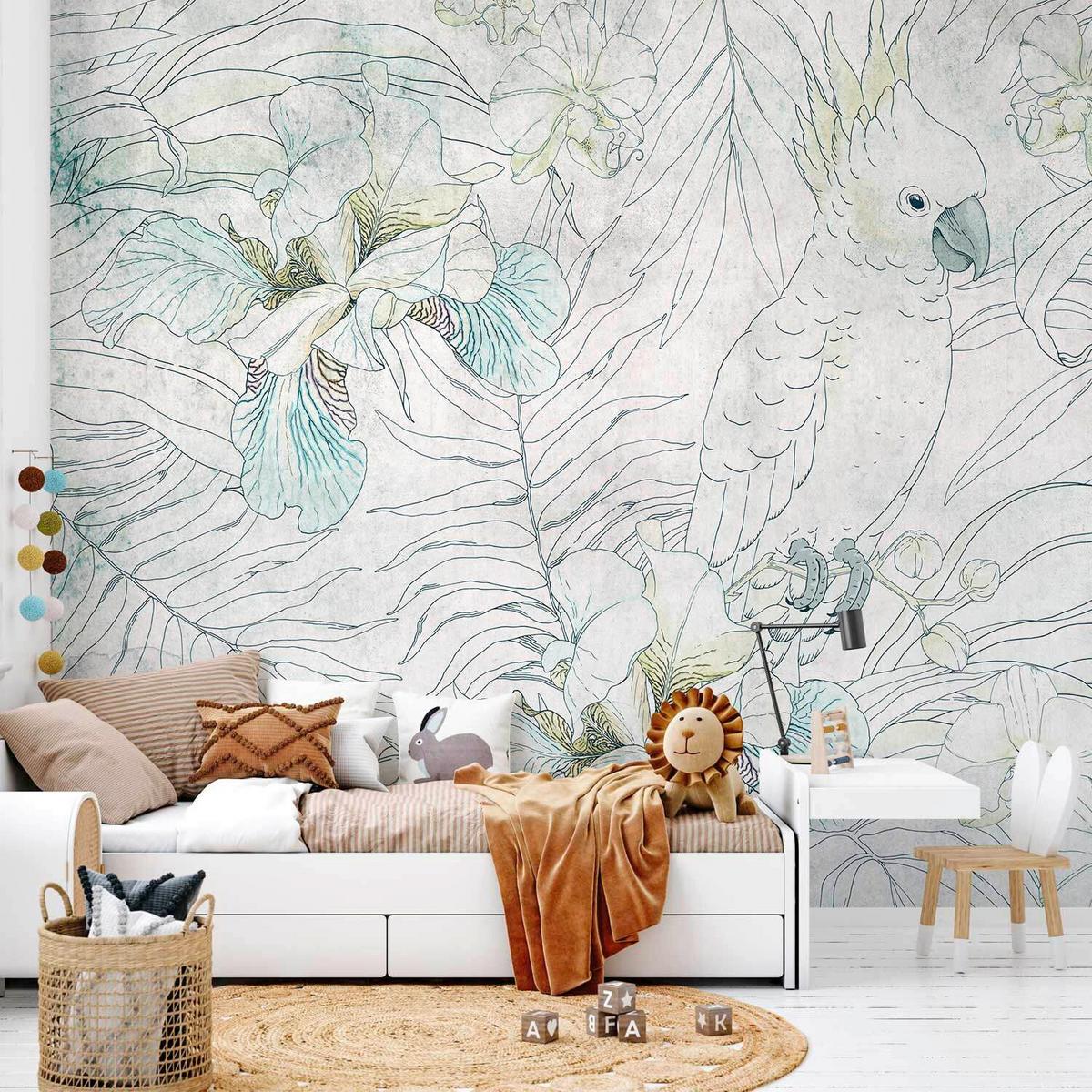 Fototapeta Cockatoo In The Garden, 400x280cm - zelena/svetlo siva, Trendi, tekstil (400/280cm) - artgeist