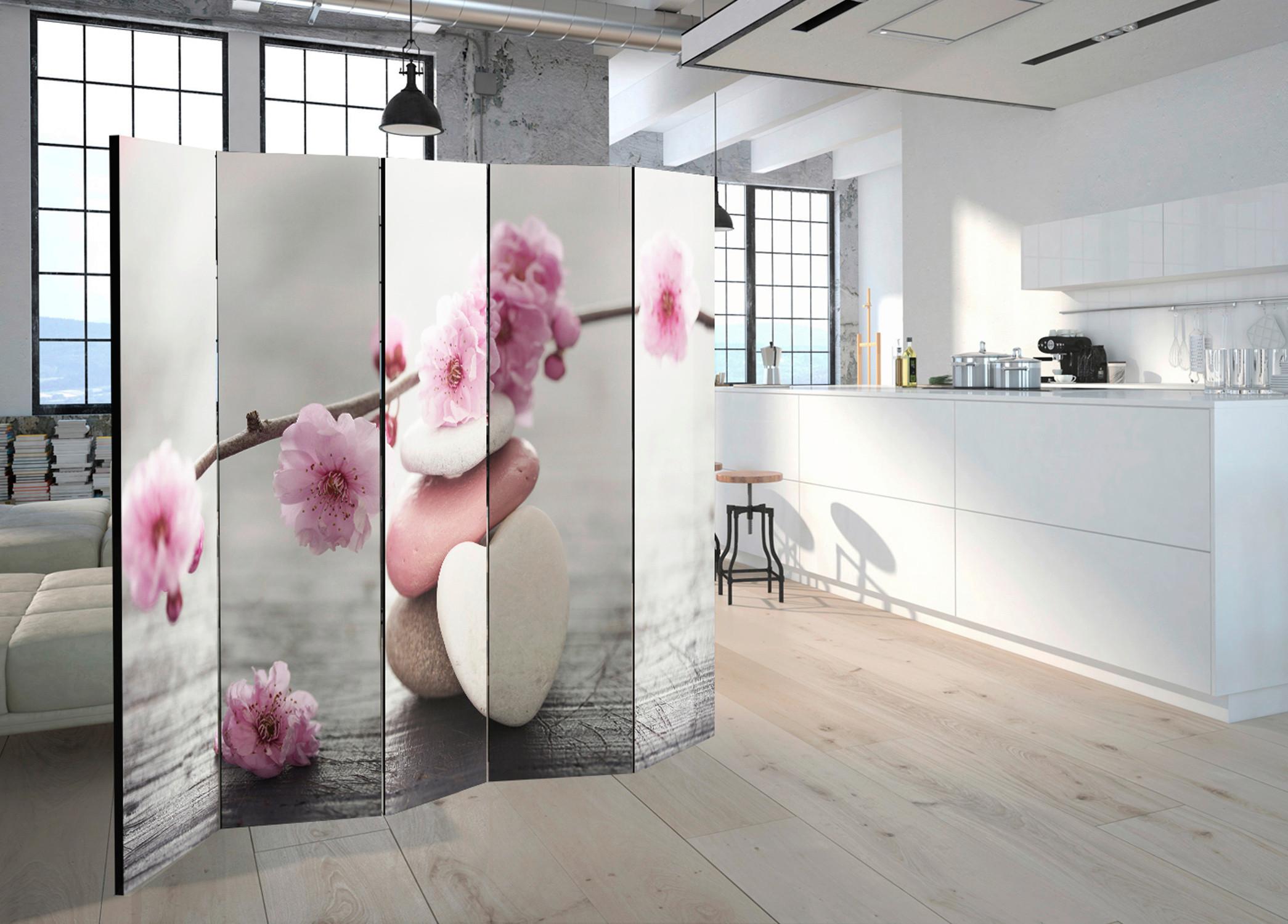 Paravan Zen Flowers I, 5-Delni, Enostranski - pink/biserna, Basics, tekstil/les (225/172/3cm) - artgeist