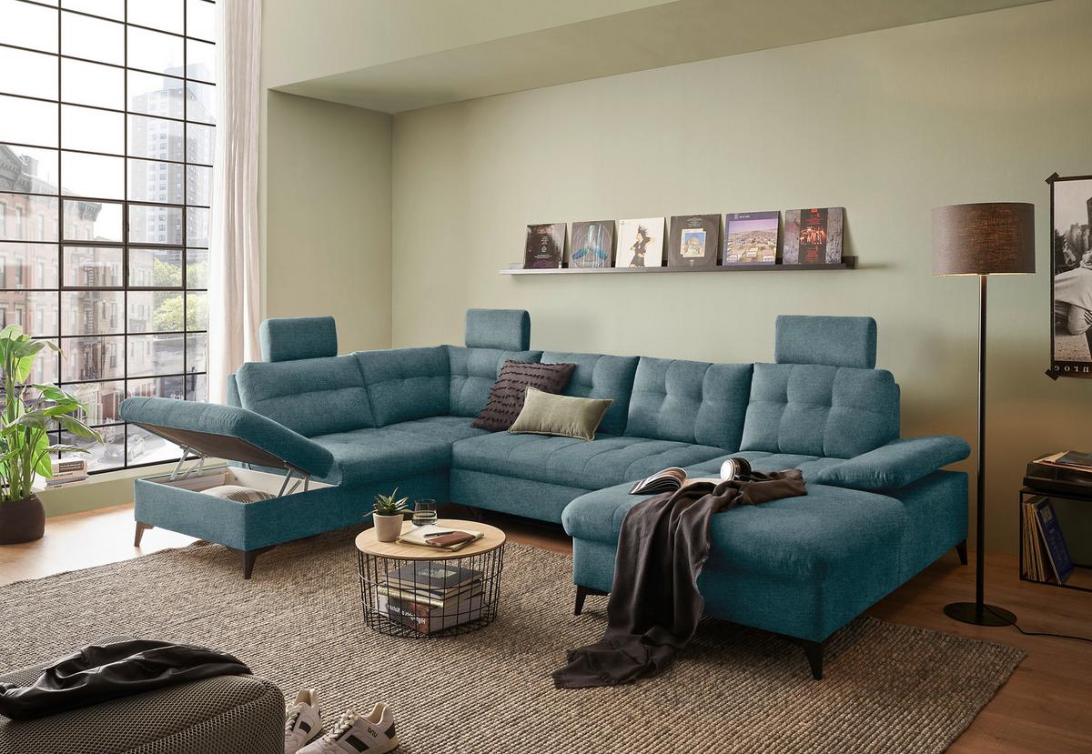 Wohnlandschaft Durban U ca. 218x324x170 cm Eisblau - Blau/Schwarz, KONVENTIONELL, Kunststoff/Textil (218/324/170cm) - MID.YOU