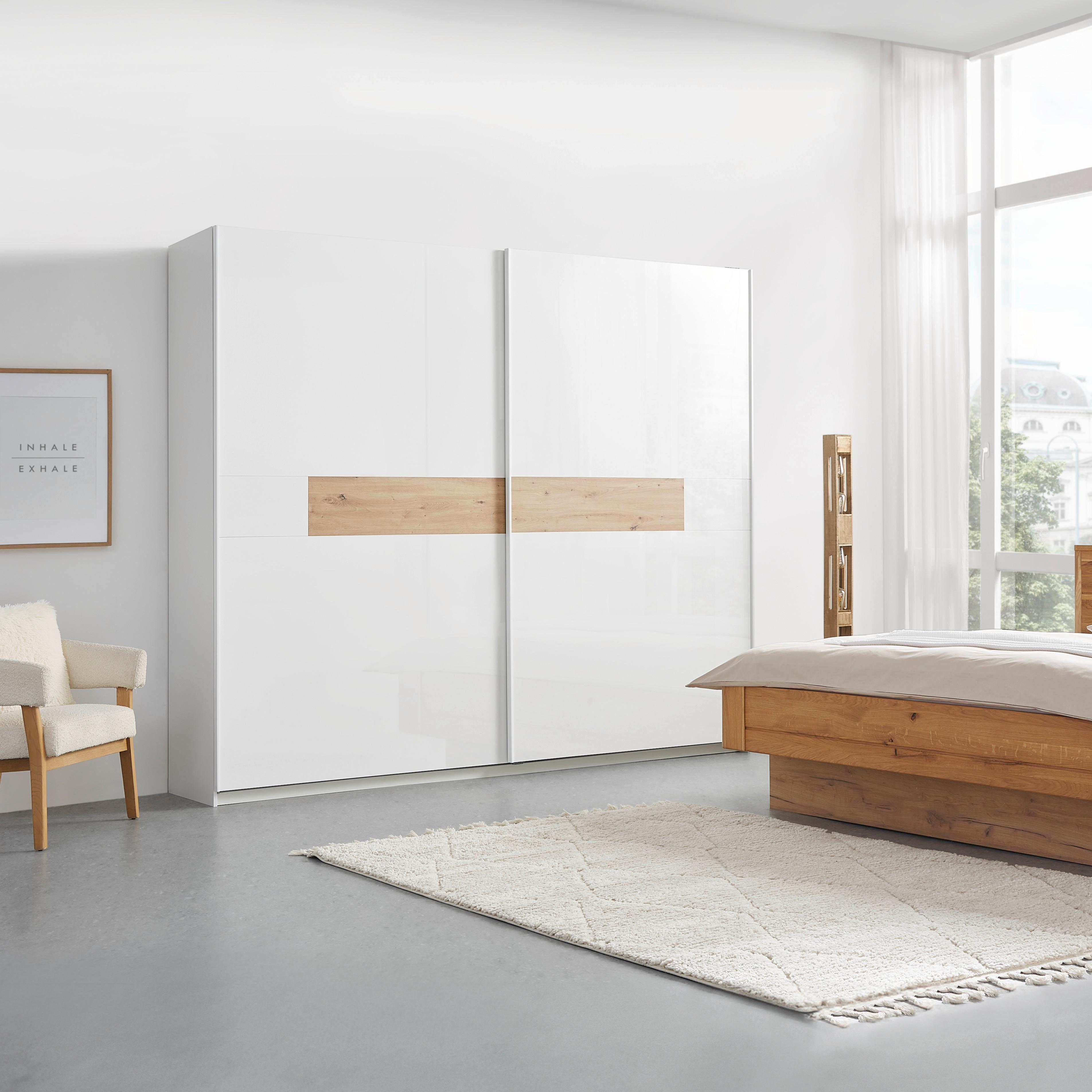 Schwebetürenschrank in Weiss/Eichefarben - Weiss Hochglanz/Weiss, Konventionell, Holzwerkstoff (243/230/54cm) - Premium Living