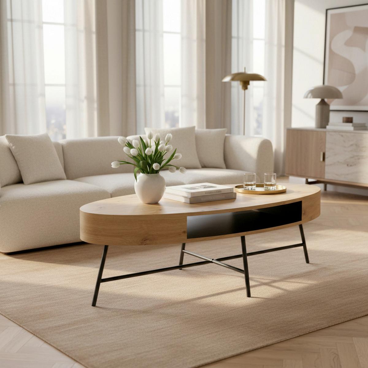 Couchtisch Emilia Eichefarben MDF - Eichefarben/Schwarz, MODERN, Metall (120/60/40cm) - Bessagi Home