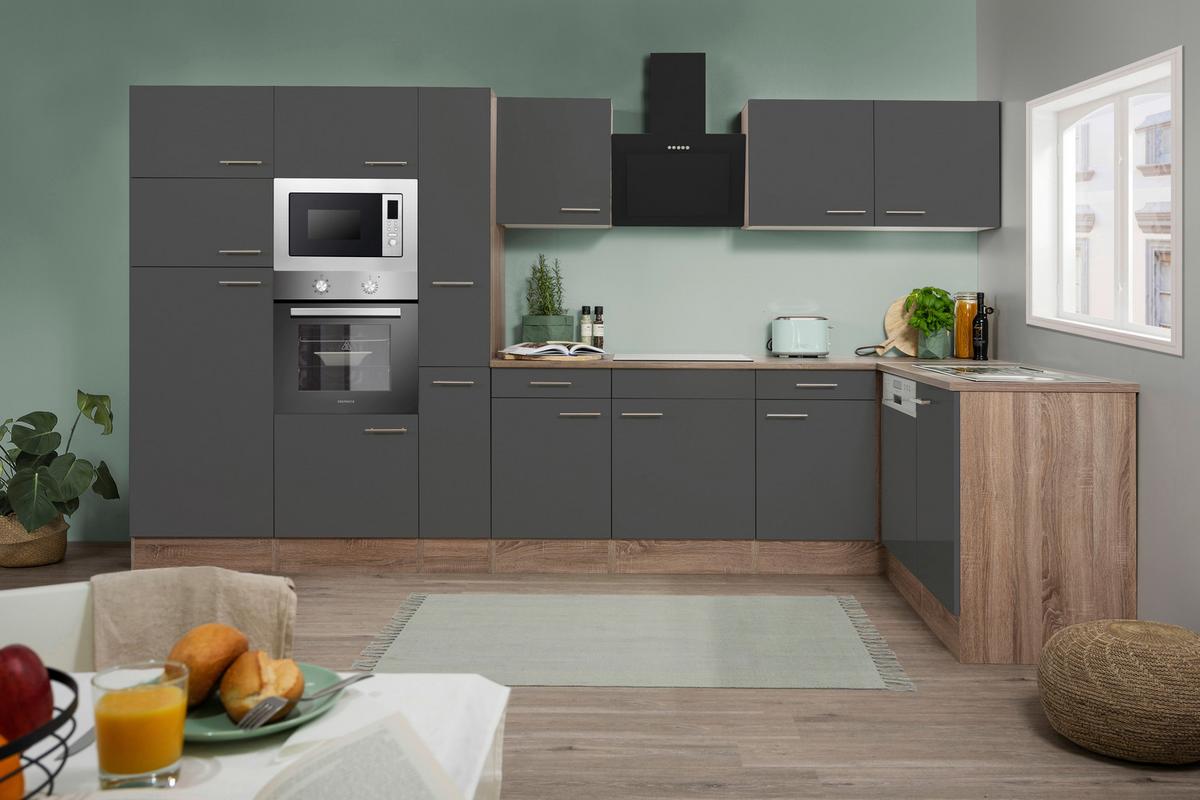 Eckküche Oliver mit Geräten ca. 370x172 cm Grau - Eichefarben/Grau, Basics, Holzwerkstoff/Metall (370/172cm) - Respekta