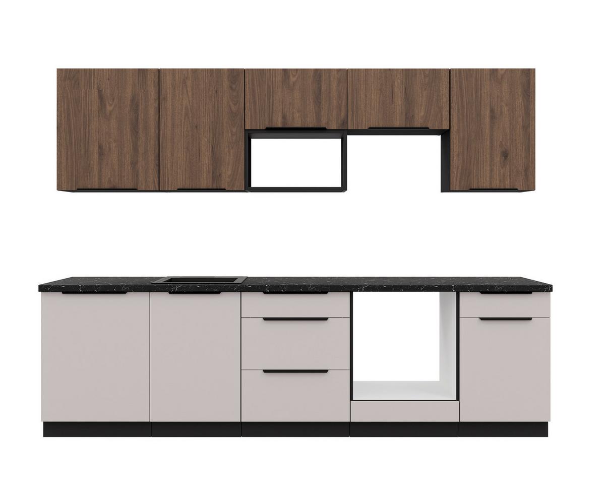 Bucatarie fara electrocasnice ARONA/MONZA - cașmir/culoare lemn de nuc, Modern, metal/material pe bază de lemn (280/210/60cm) - Modern Living