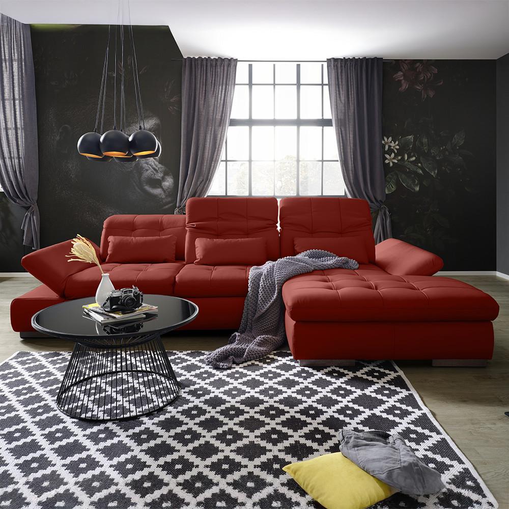 Wohnlandschaft Sanfino Leder Rot - Chromfarben/Rot, KONVENTIONELL, Leder/Metall (305/79-96/199cm) - Premium Living