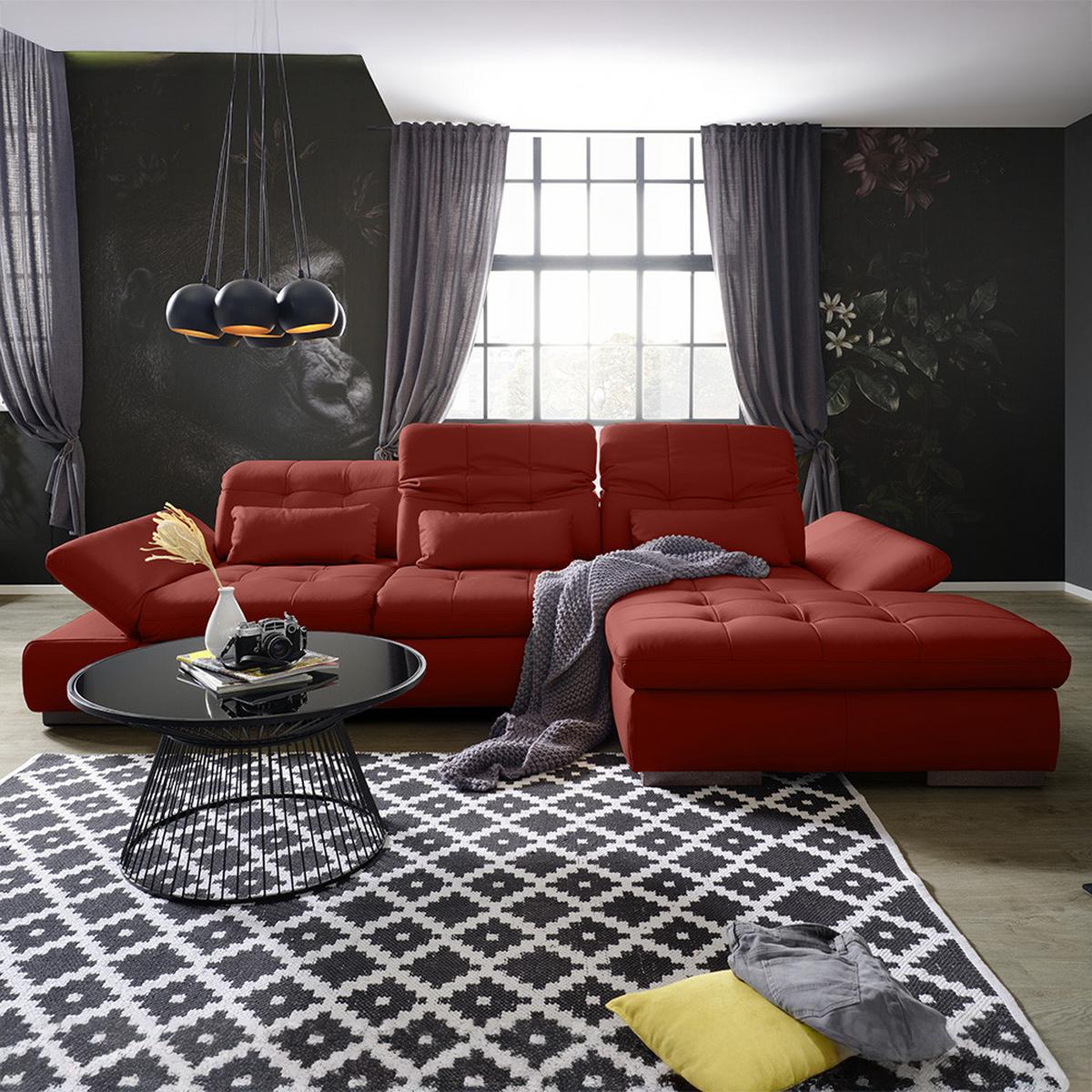 Wohnlandschaft Sanfino Leder Rot - Chromfarben/Rot, KONVENTIONELL, Leder/Metall (305/79-96/199cm) - Premium Living