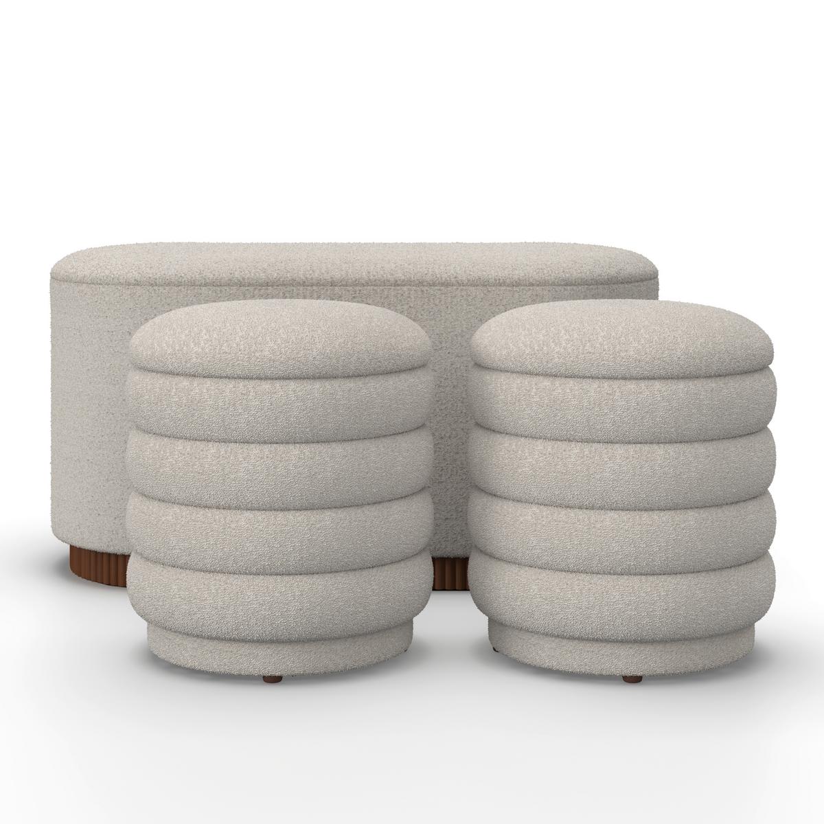 Sitzbank Nina mit Stauraum inkl. 2 Hocker Bouclé Weiß - Naturfarben/Weiß, MODERN, Holz/Holzwerkstoff - Bessagi Home