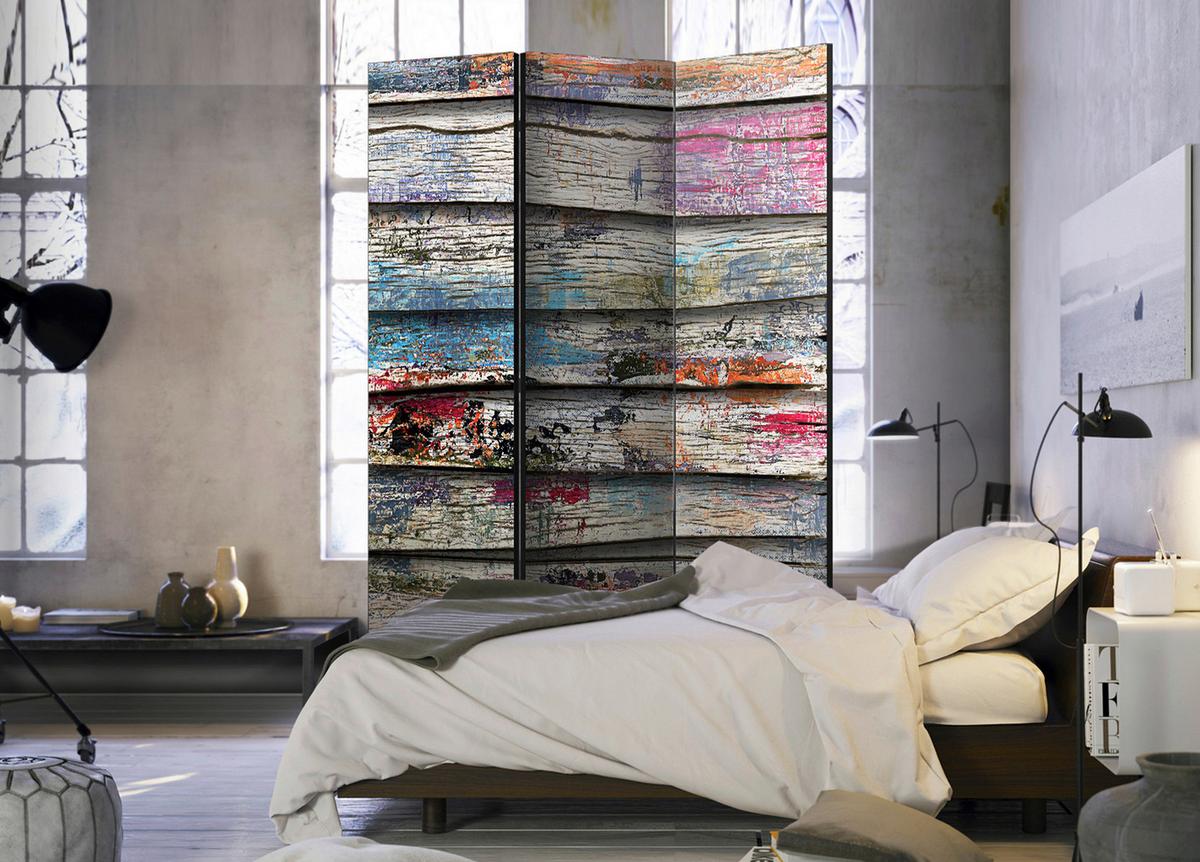 Paravan Colourful Wood, 3-Delni, Dvostranski - večbarvno, Basics, tekstil/les (135/172/3cm) - artgeist