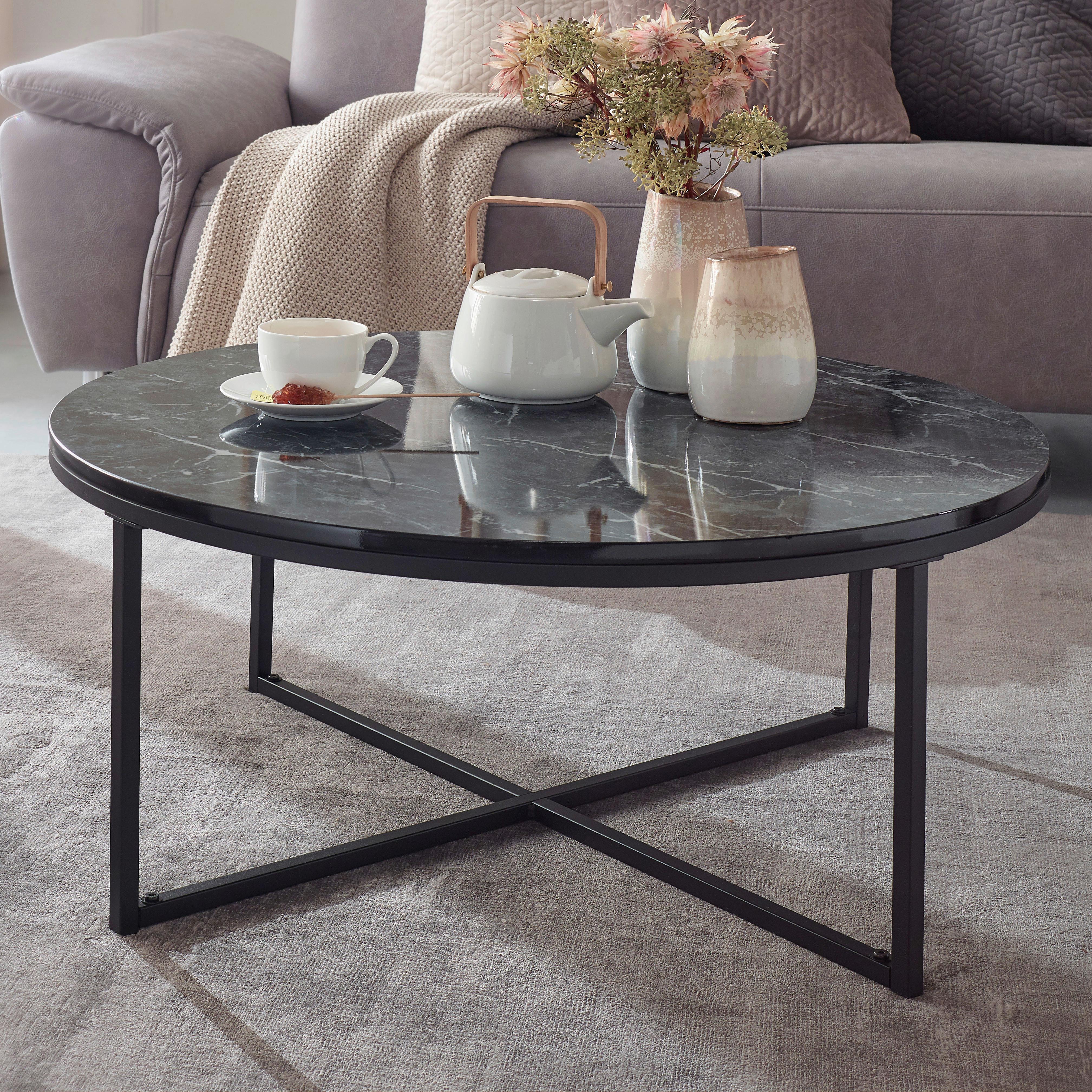 Couchtisch Marmoroptik ca. 80x36 cm Gestell Schwarz - Schwarz, KONVENTIONELL, Holzwerkstoff/Metall (80/36cm) - MID.YOU