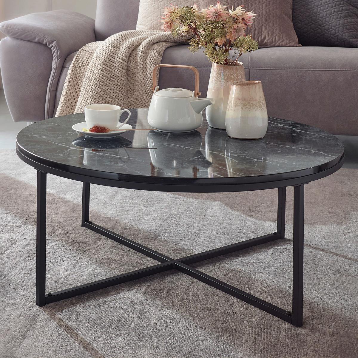 Couchtisch Marmoroptik ca. 80x36 cm Gestell Schwarz - Schwarz, KONVENTIONELL, Holzwerkstoff/Metall (80/36cm) - MID.YOU