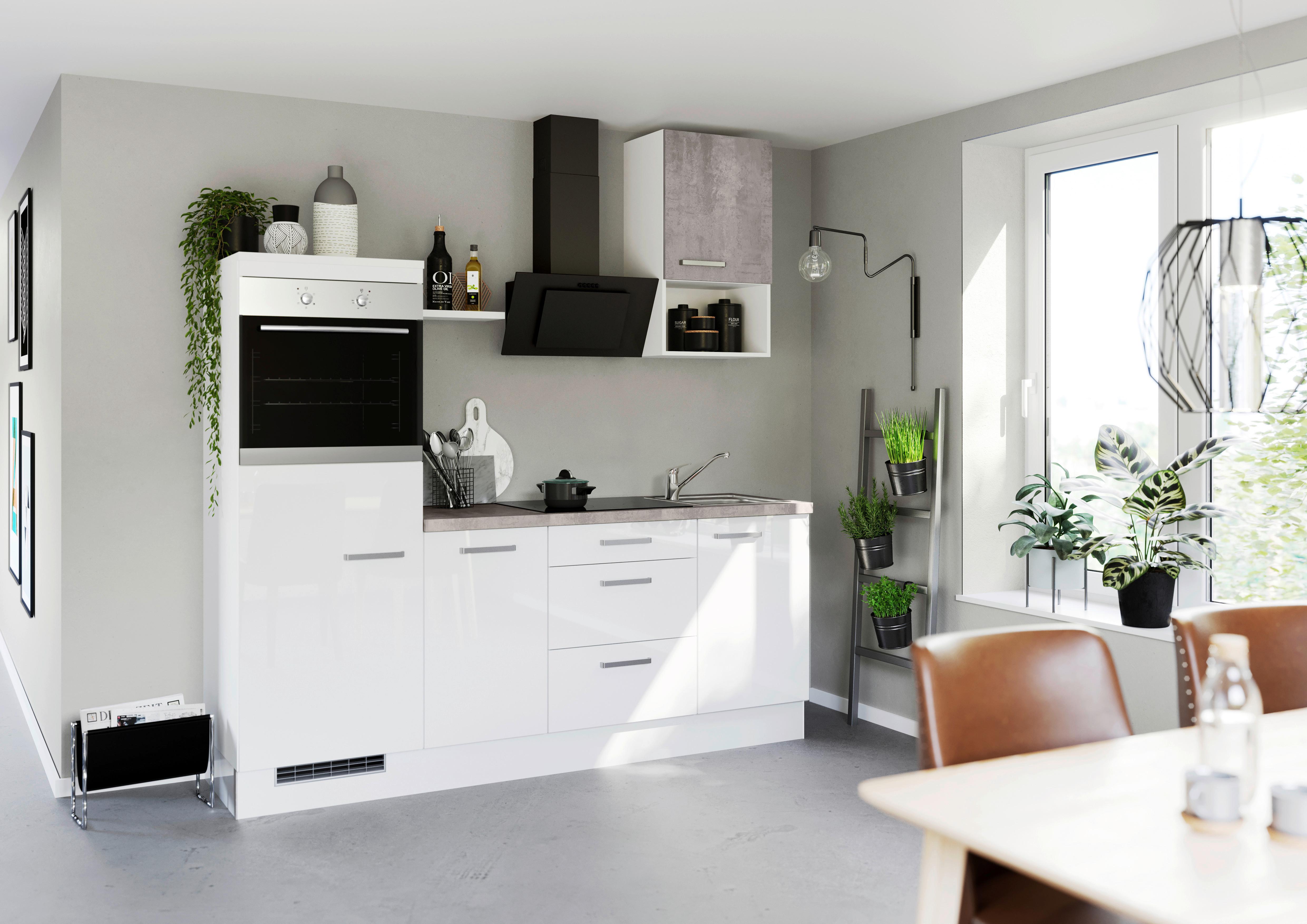 Küchenblock mit Geräten ca. 215 cm Weiß Hochglanz - Edelstahlfarben/Weiß Hochglanz, Trend, Holzwerkstoff/Metall (215cm) - Impuls