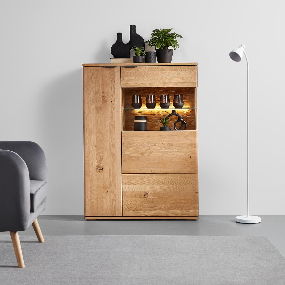 Highboard Valera in Wildeiche - Wildeiche/Schwarz, MODERN, Glas/Holz (90/123/37cm) - Premium Living