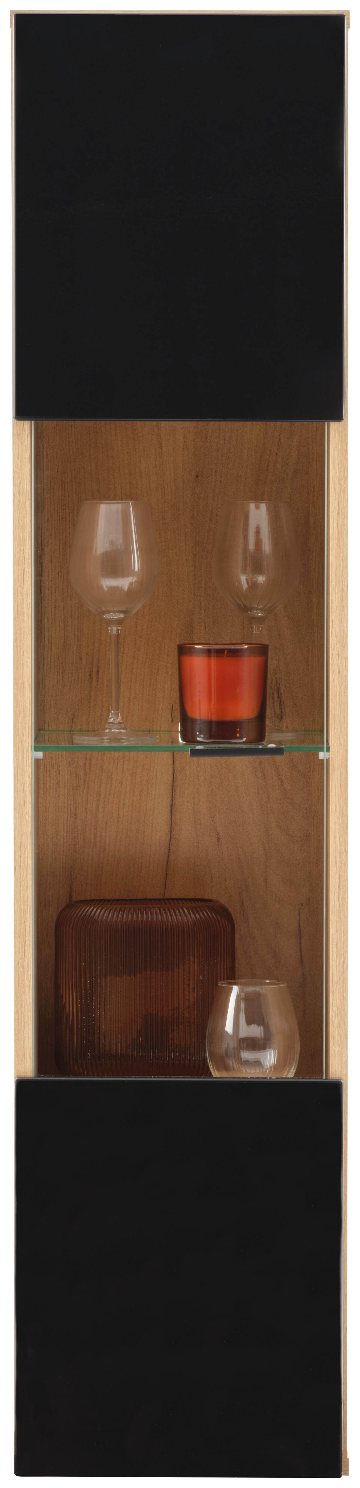 Vitrină suspendată OTIS - culoare lemn stejar/negru lucios intens, Modern, sticlă/material pe bază de lemn (30/130,2/34,6cm) - Modern Living