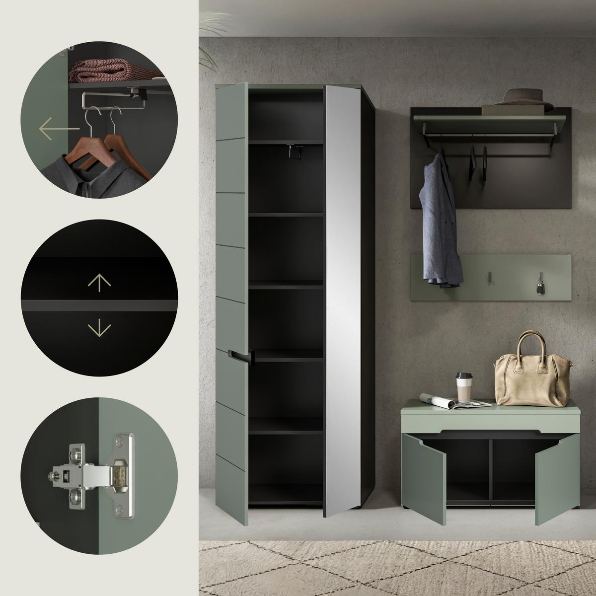 Predsoba Canu, Sivozelena, 3-Delna - siva/sivozelena, Design, leseni material (160/190/37cm) - Livetastic