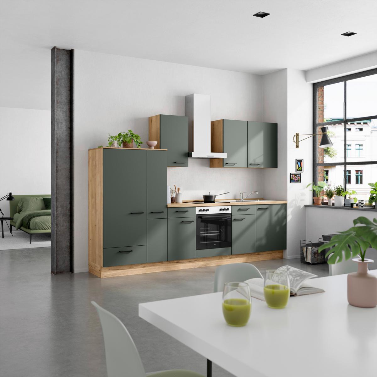 Küchenblock Easytouch m. Geräten Dunkelgrün - Dunkelgrün/Eichefarben, MODERN, Holzwerkstoff/Metall (300cm) - Nobilia