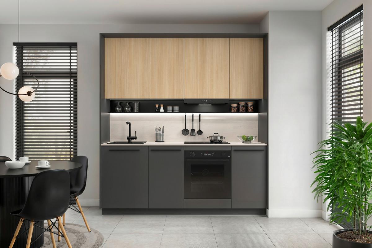 Küchenblock Milino o. Geräte Eichefarben - Eichefarben/Schwarz, Basics, Holzwerkstoff/Kunststoff (210ml) - Visiona