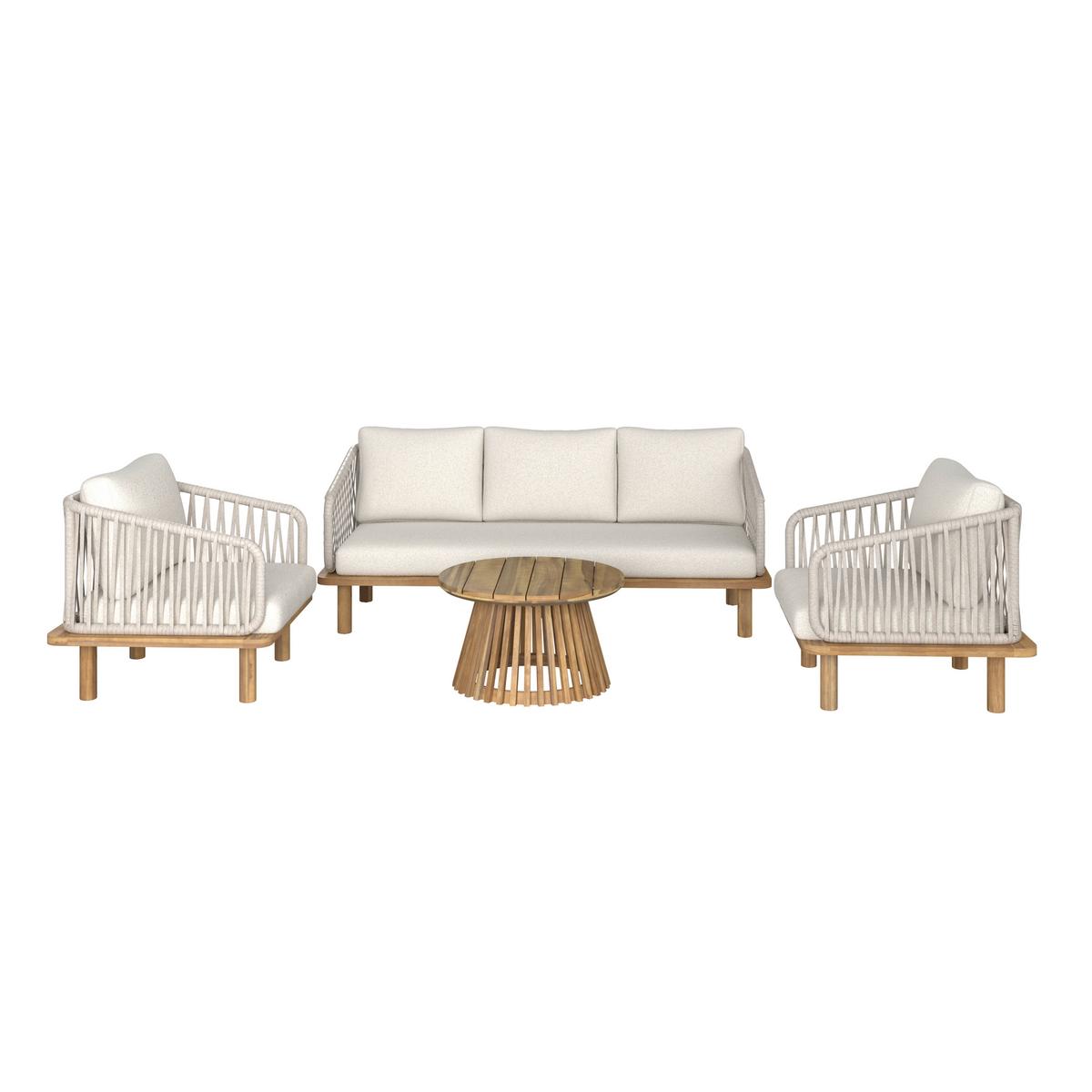 Loungegarnitur Mara Creme Echtholz/Textil/Metall - Weiss/Teakfarben, Modern, Holz/Textil (165/62,5/70cm) - Bessagi Garden