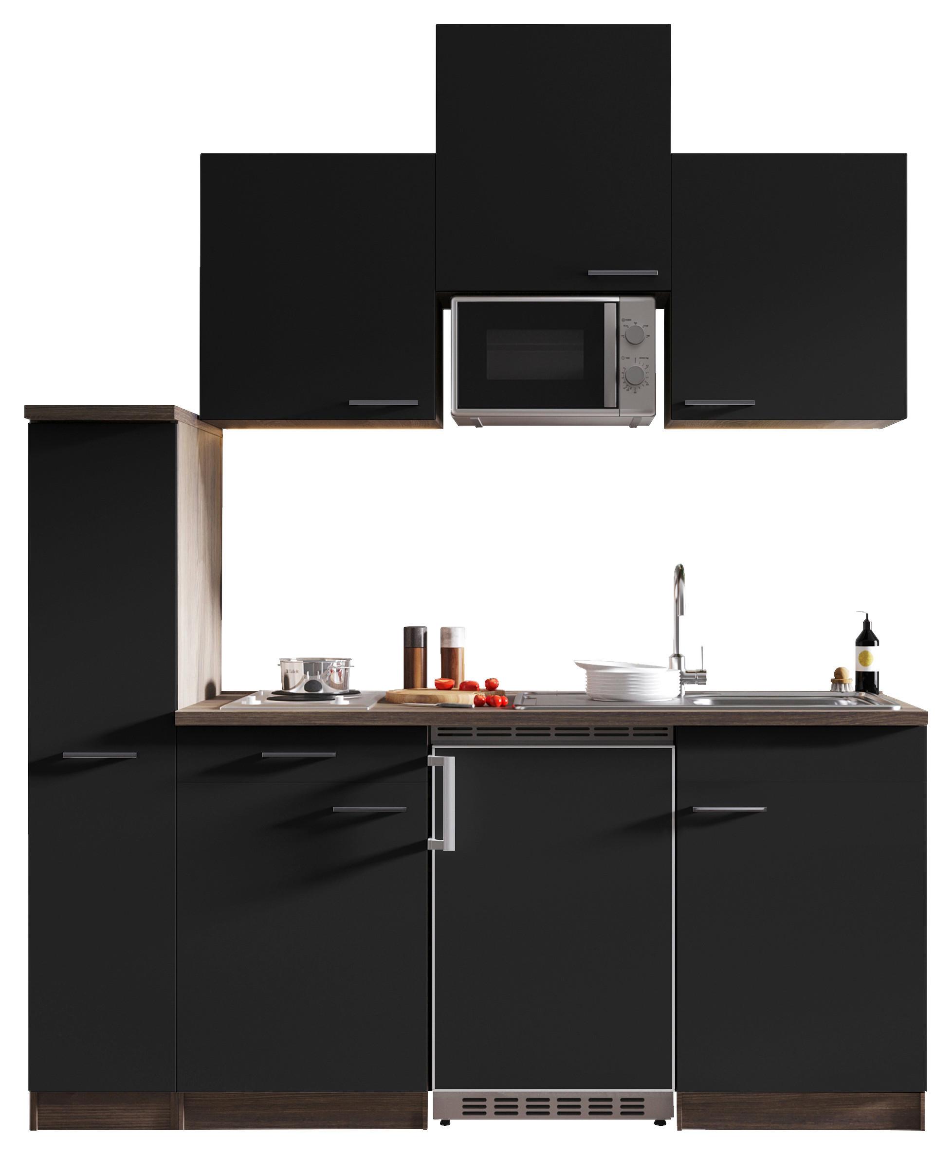 Miniküche Oliver mit Geräten ca. 180 cm Schwarz - Eichefarben/Schwarz, Basics, Holzwerkstoff/Kunststoff (180cm) - Respekta