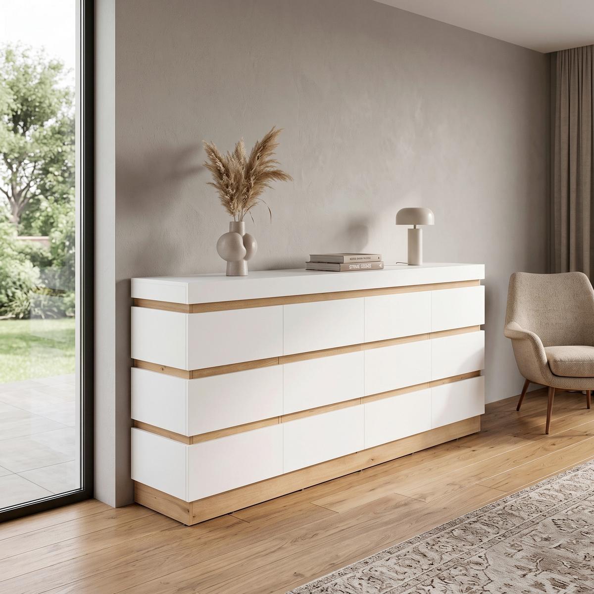 Comodă Cu Uși Calabria - alb/culoare lemn stejar, Trend, material pe bază de lemn (201,2/92,5/45cm) - Modern Living