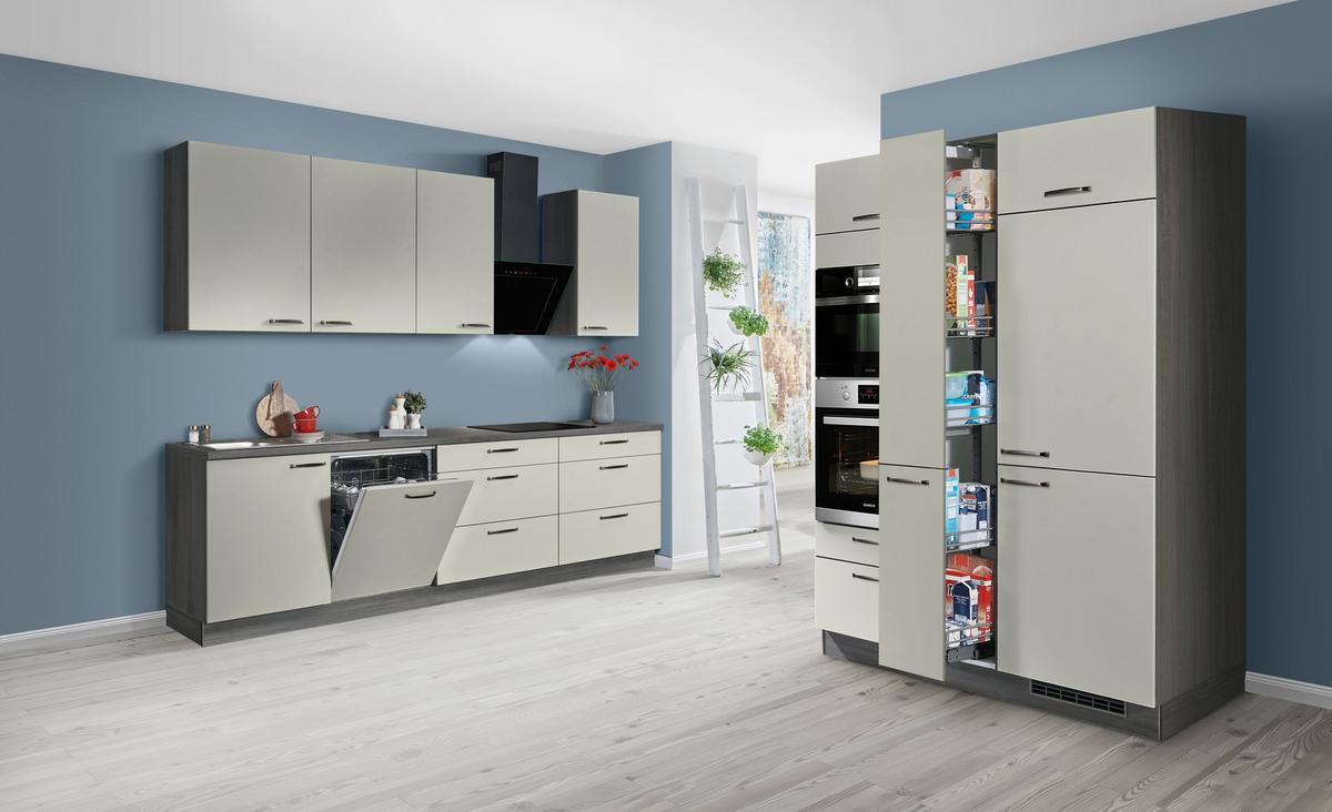 Küchenblock Star o. Geräte Hellgrau Hochglanz - Edelstahlfarben/Eiche grau, MODERN, Metall (280/150cm) - Express-Kuechen