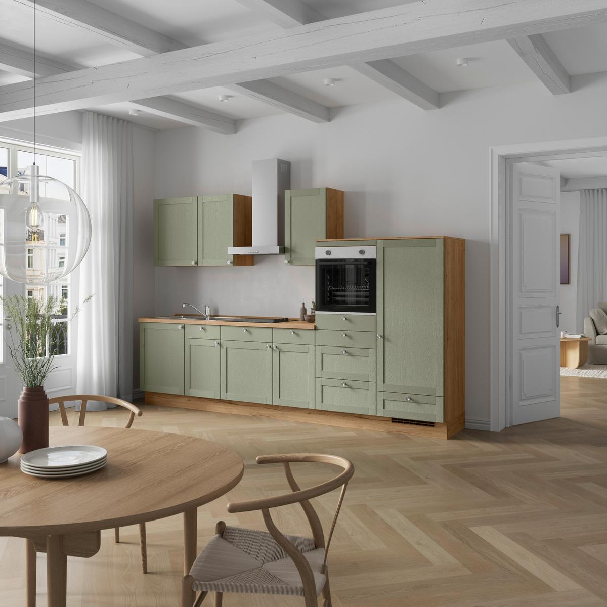 Küchenleerblock Frame Low o. Geräte Olivgrün - Edelstahlfarben/Eichefarben, MODERN, Holzwerkstoff/Metall (330cm) - Nobilia
