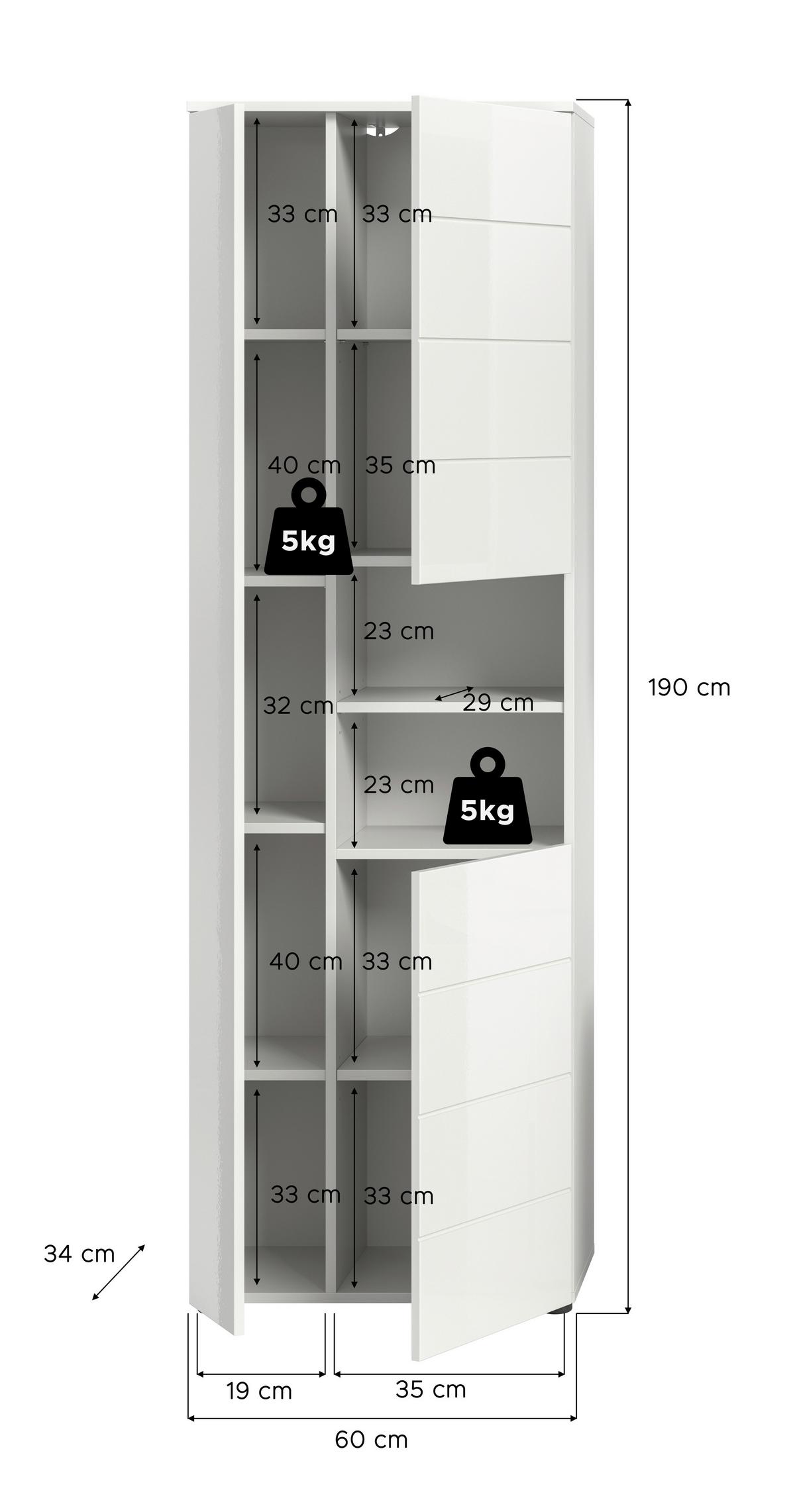 Hochschrank Vira ca. 60x190x34 cm Weiß - Weiß Hochglanz/Schwarz, MODERN, Holzwerkstoff/Kunststoff (60/190/34cm) - MID.YOU