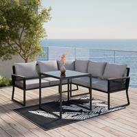 Dining-Loungeset Paulina Hellgr. Metall/Textil +Abdeck. - Hellgrau/Schwarz, Modern, Glas/Kunststoff (181/73/65cm) - Bessagi Garden