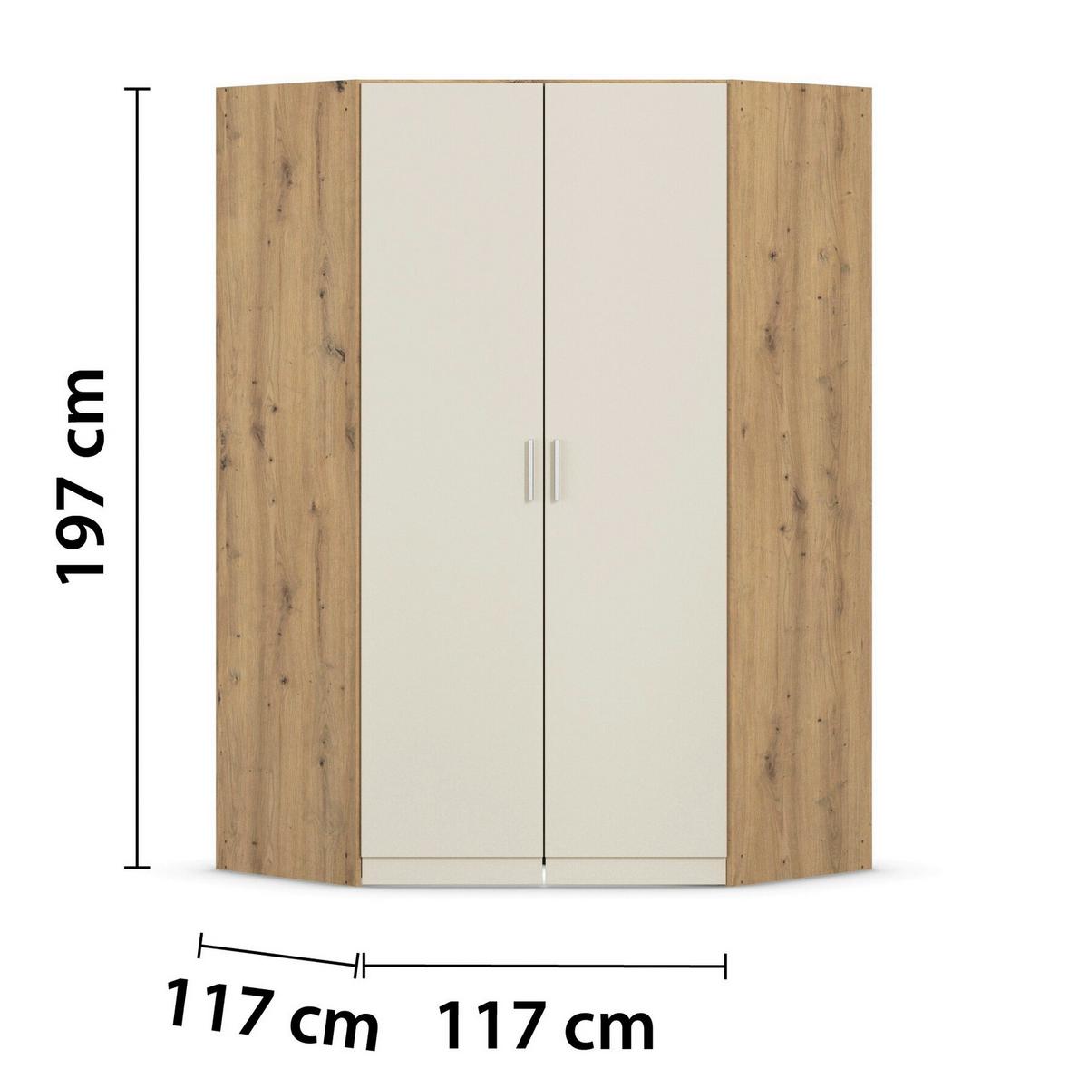 Drehtürenschrank Celle-Super Weiß/Eiche Artisan - Alufarben/Eiche Artisan, KONVENTIONELL, Holzwerkstoff/Kunststoff (117/197/117cm) - Mömax