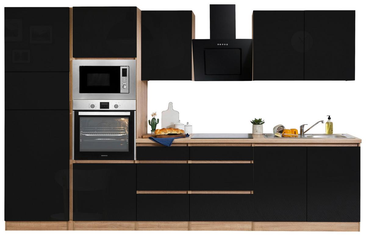 Küchenblock Lorena mit Geräten ca. 335 cm Schwarz - Schwarz Hochglanz/Eichefarben, Basics, Holzwerkstoff (335cm) - Respekta
