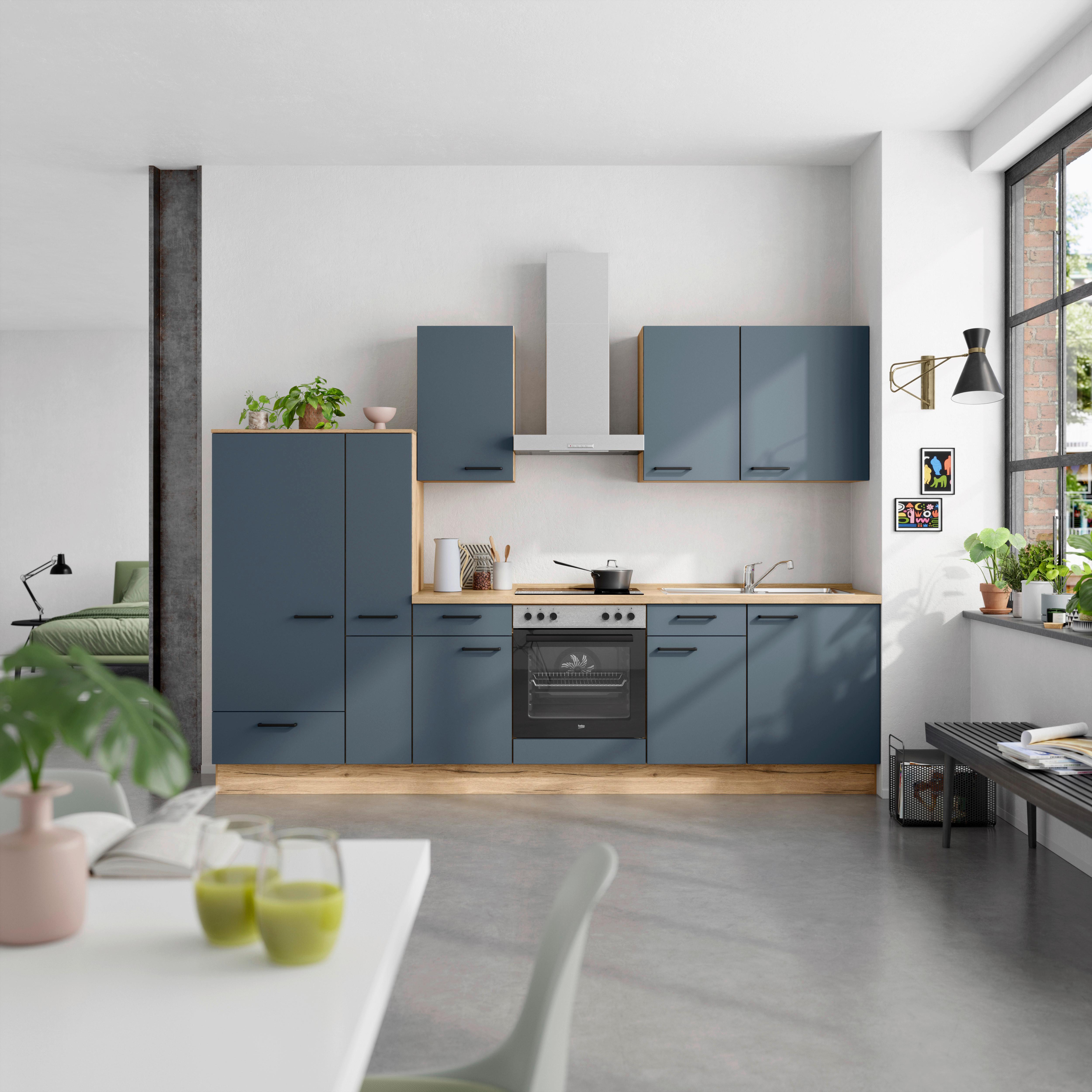Küchenleerblock Easytouch Low o. Geräte Blau - Blau/Eichefarben, MODERN, Holzwerkstoff/Metall (300cm) - Nobilia