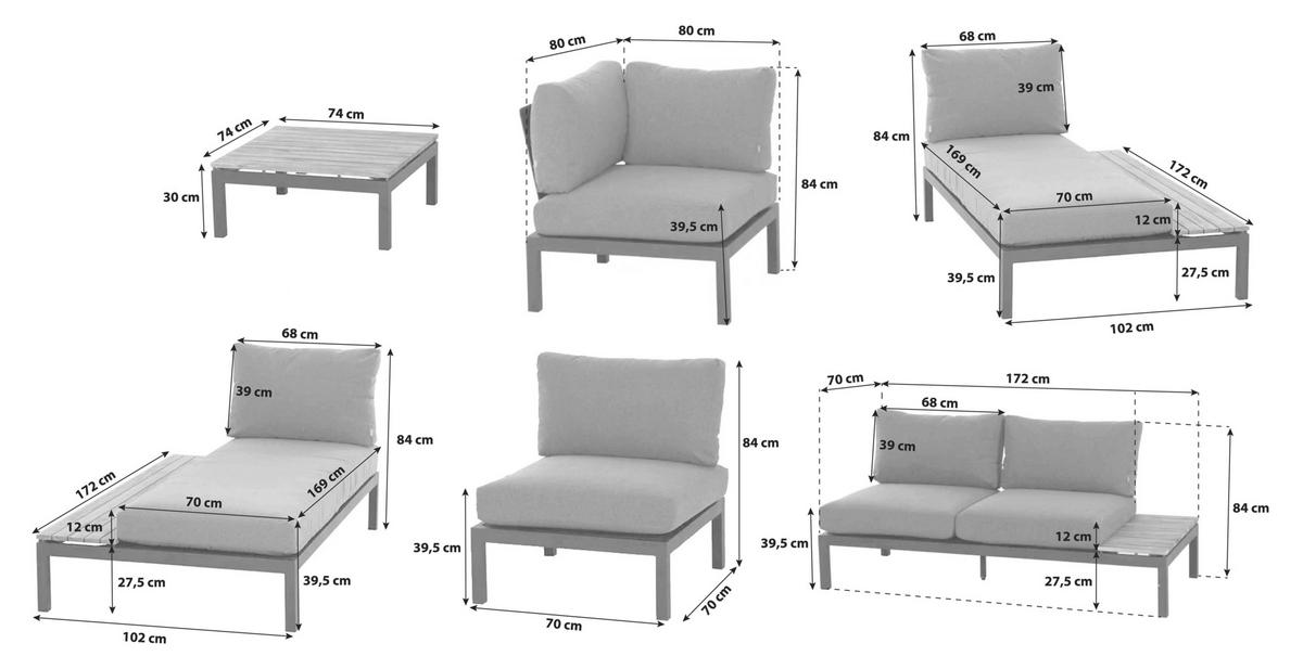 Modul-Loungegarnitur 7-tlg. Grau Teakholz - Anthrazit/Grau, KONVENTIONELL, Holz/Textil (322/84/354cm) - Siena Garden