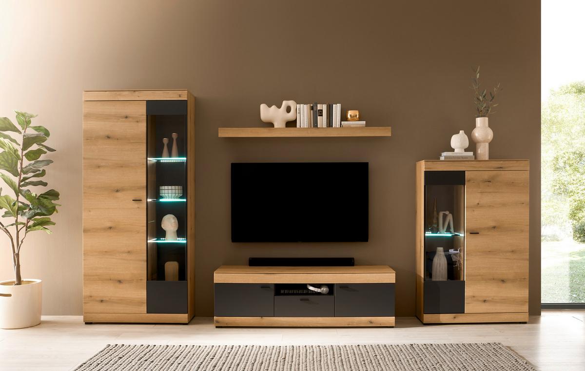 WOHNWAND SOLETO - Eichefarben/Graphitfarben, Design, Glas/Holzwerkstoff (350/201/45cm) - MID.YOU