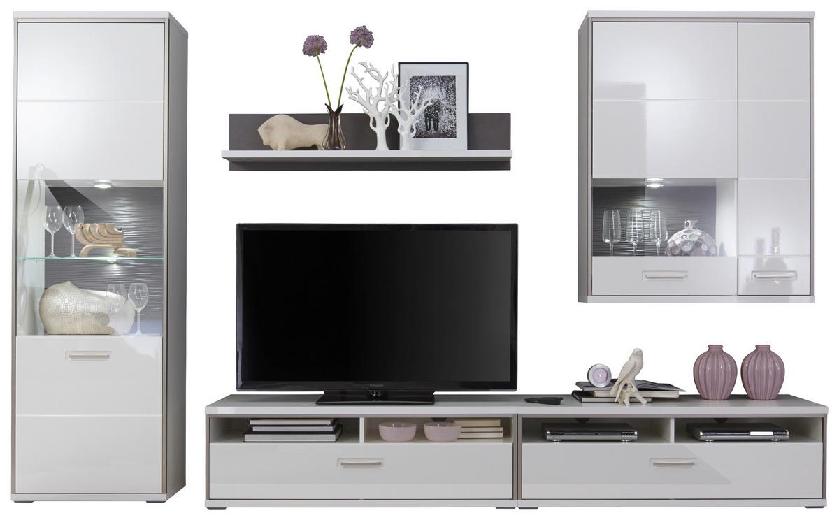 MEBLOŚCIANKA DO SALONU TRENTO - biały wysoki połysk/kolor srebrny, Design, materiał drewnopochodny/metal (321/201/52cm) - Livetastic