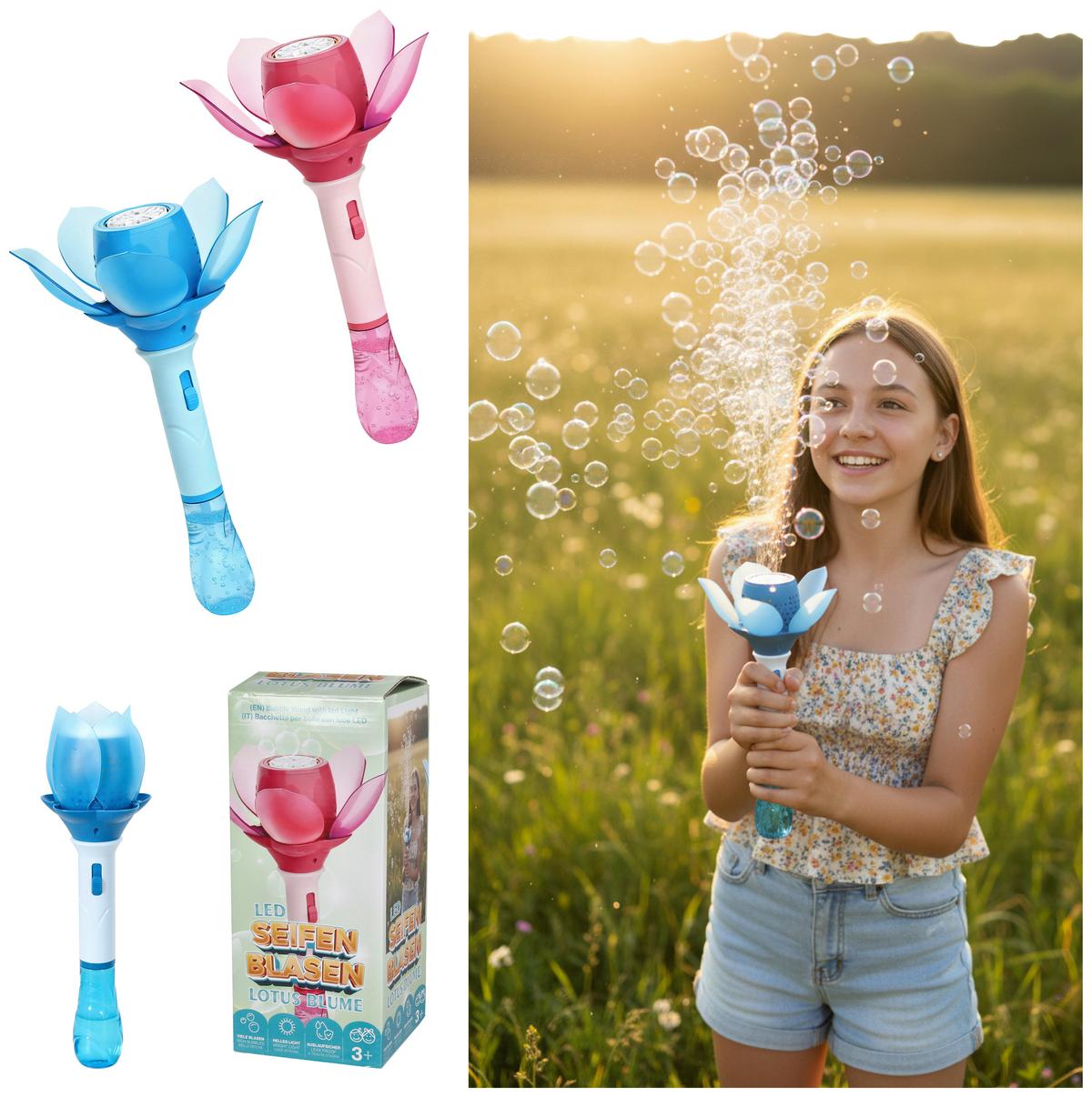 Seifenblasenmaschine Lotus Blume diverse Farben - Blau/Pink, Basics, Kunststoff (33cm)