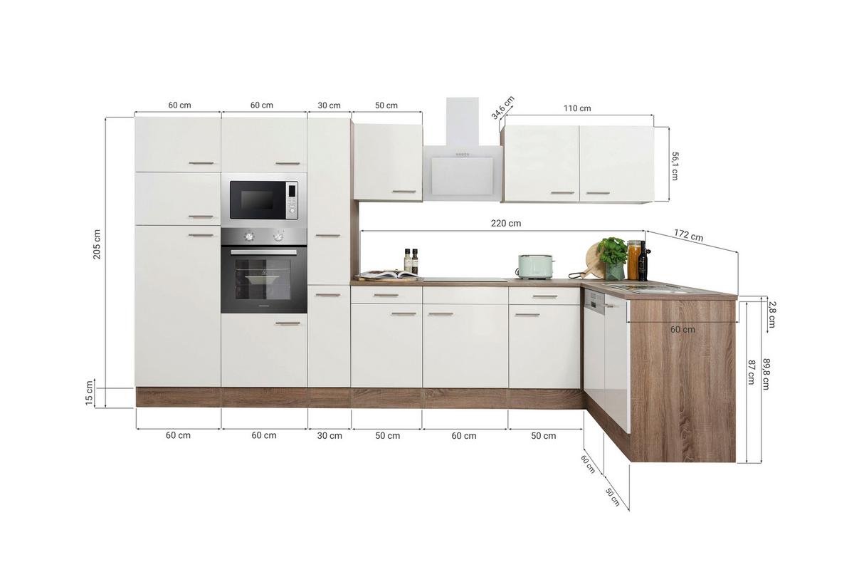 Eckküche Oliver mit Geräten ca. 370x172 cm Weiß - Eichefarben/Weiß, Basics, Holzwerkstoff/Metall (370/172cm) - Respekta