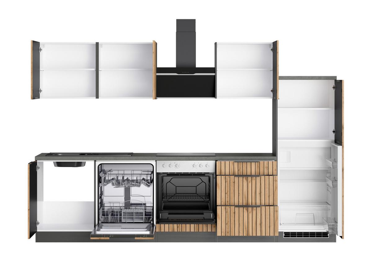 Küchenblock Liverpool m. Geräten Graphit/Eichefarben - Schieferfarben/Eiche Wotan, Basics, Holzwerkstoff/Metall (300cm) - Held