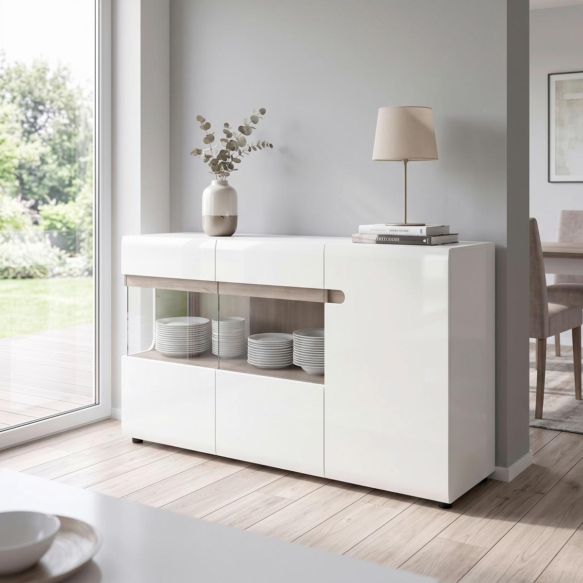 Comodă Linate - alb/culoare lemn stejar pufos, Modern, sticlă/material pe bază de lemn (164/86,5/41,9cm) - Modern Living