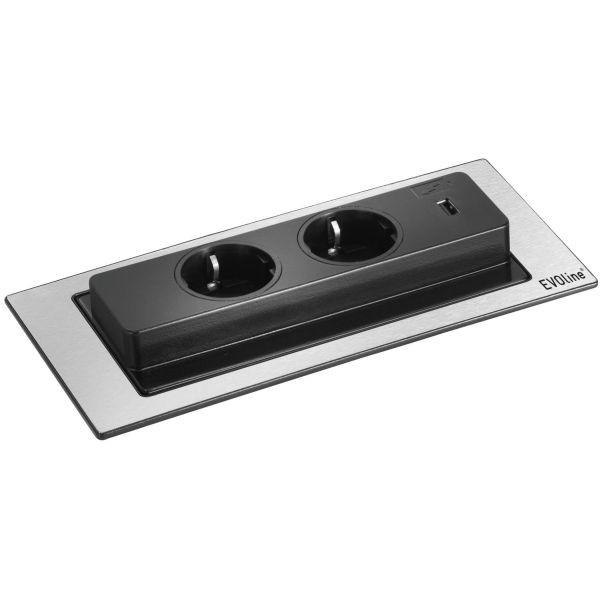 Steckdosenelement Evoline BackFlip Edelstahl - Edelstahlfarben/Schwarz, Kunststoff/Metall (22,5/2,6/10,5cm)
