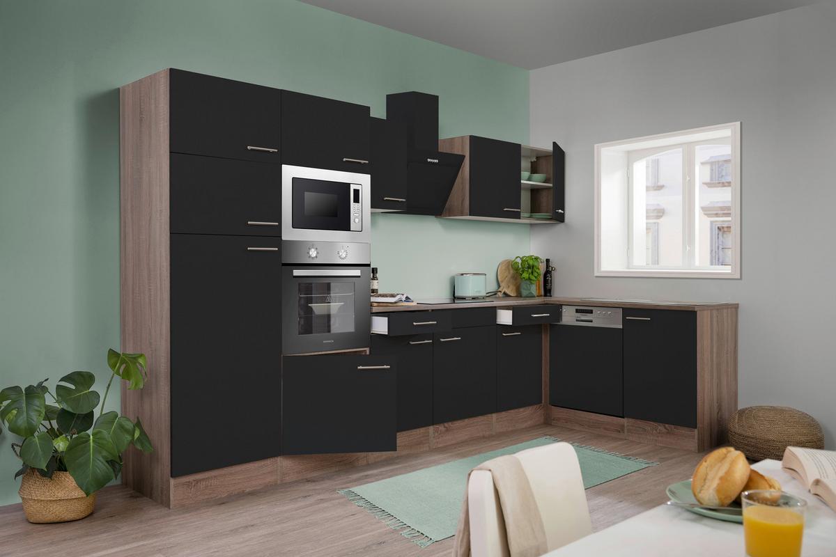 Eckküche Oliver mit Geräten ca. 340x172 cm Schwarz - Eichefarben/Schwarz, Basics, Holzwerkstoff/Metall (340/172cm) - Respekta