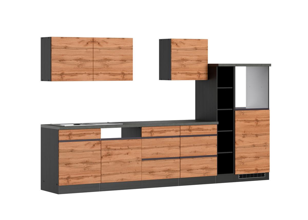 Küchenzeile Turin ohne Geräte ca. 330 cm Graphit/Eiche - Eiche Wotan/Graphitfarben, Design, Holzwerkstoff (330cm) - Held