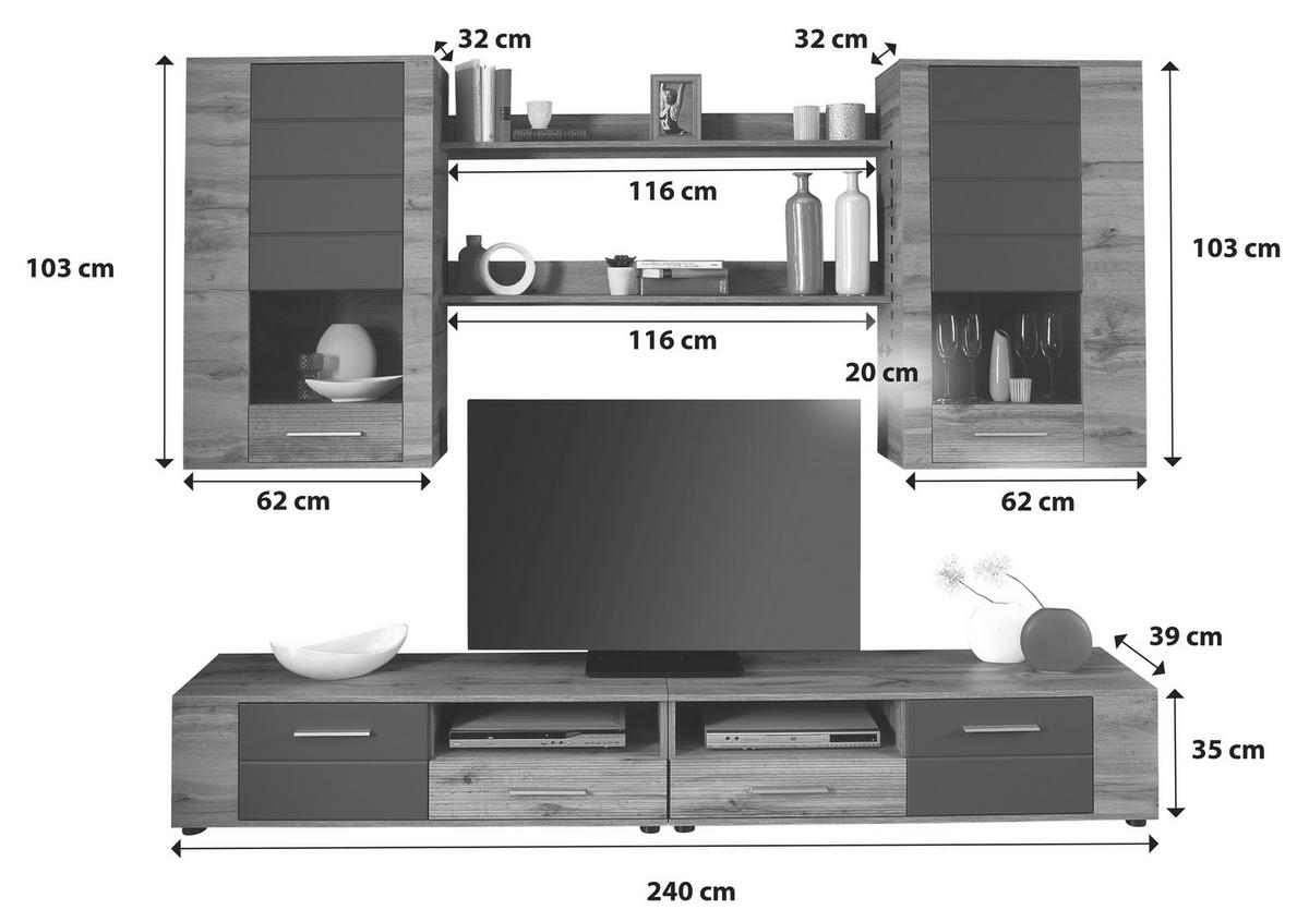 Dnevni Regal Fargo, Barva Hrasta, Siva, Led - siva/barve hrasta, Moderno (240/192/38cm) - Mömax