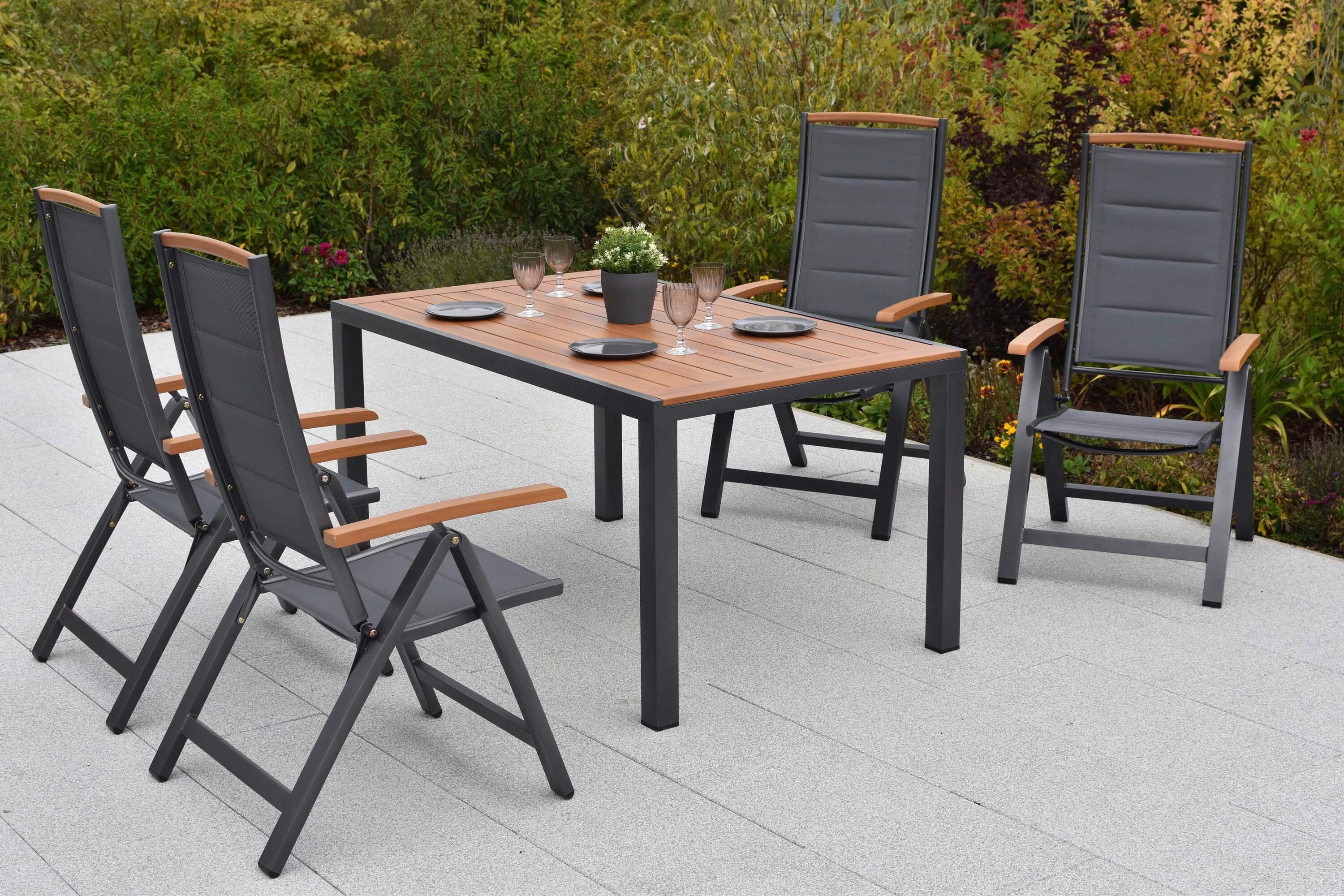 Gartentischgruppe Tino 5-tlg. Graphitfarben - Graphitfarben/Naturfarben, KONVENTIONELL, Textil/Metall - Gardenson