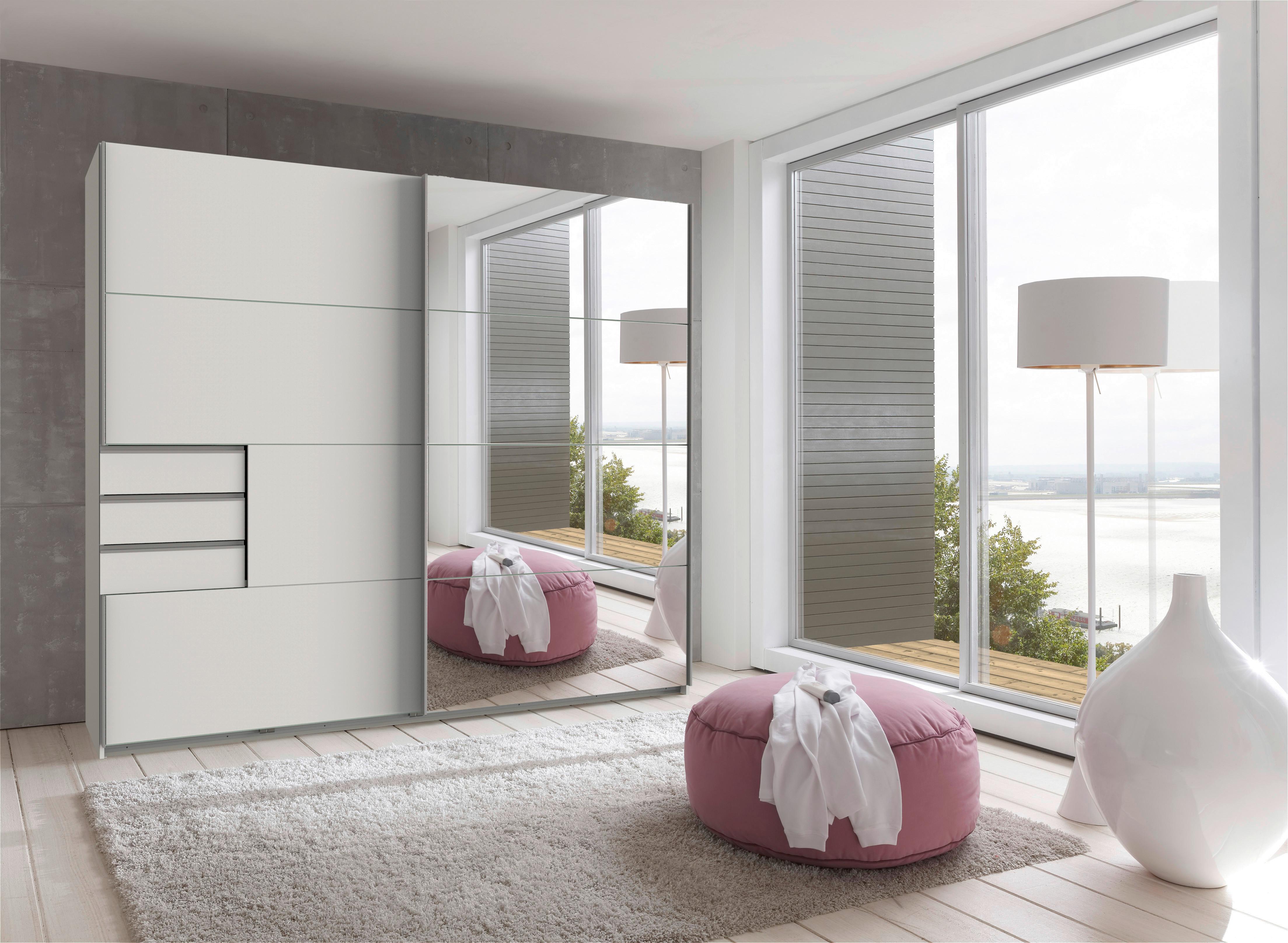 Schwebetürenschrank Saigon in Weiß ca. 225x208x64cm - Silberfarben/Alufarben, KONVENTIONELL, Glas/Holzwerkstoff (225/208/64cm) - Premium Living
