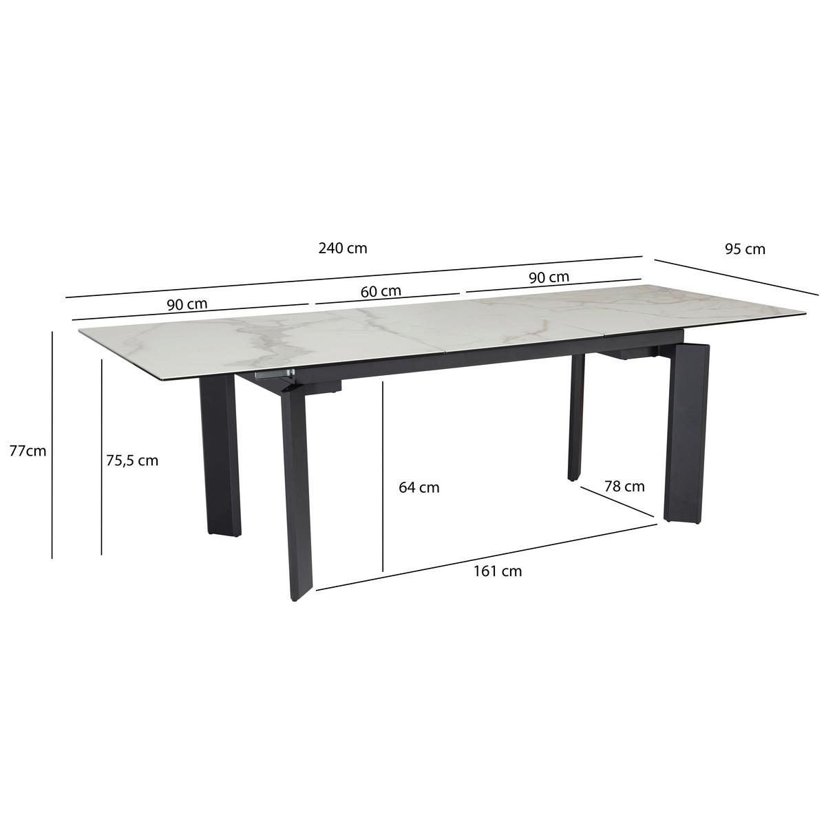 Raztegljiva Jedilna Miza Marble, Keramika, 180-240x95cm - črna/bela, Design, kovina/keramika (180/95/77cm) - MID.YOU