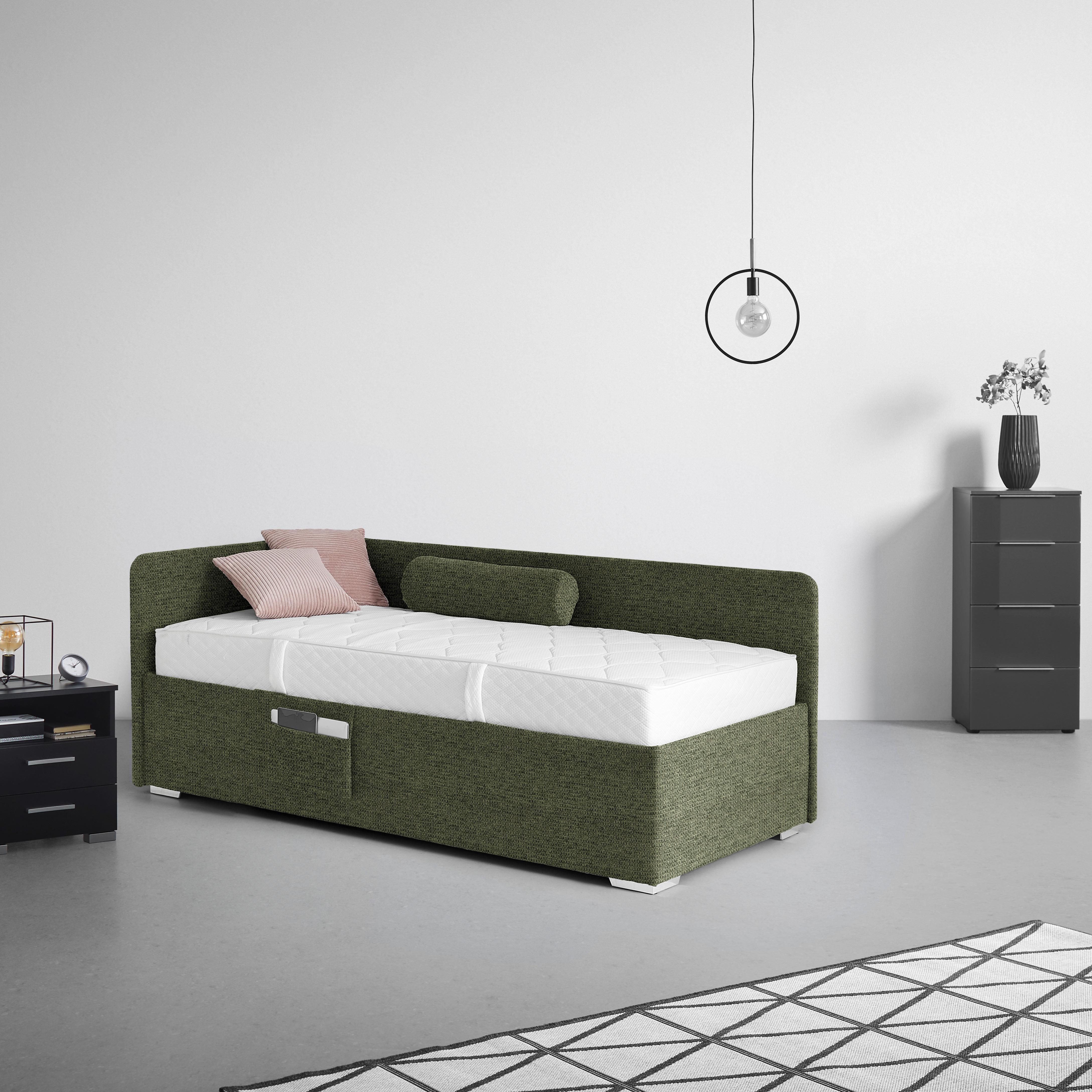 Krevet Remi - maslinasto zelena/prirodne boje, Konvencionalno, drvo/tekstil (90/200cm) - Based