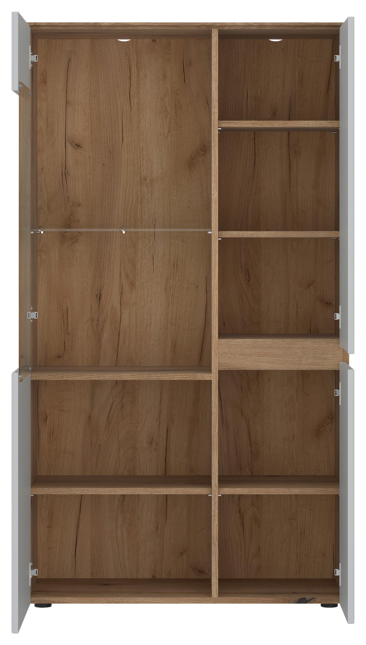 Vitrină MANILLA - gri deschis/culoare lemn stejar, Modern, sticlă/material pe bază de lemn (85/152,3/40cm) - Modern Living