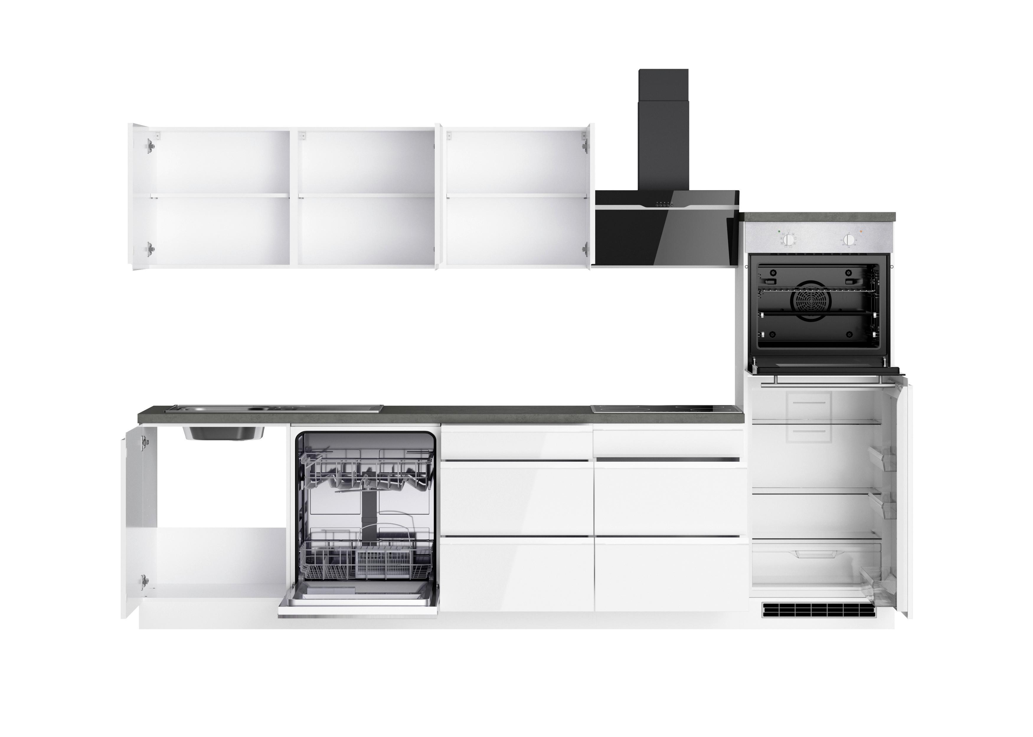 Küchenzeile Monza mit Geräten ca. 300 cm Grau/Weiß - Weiß Hochglanz/Weiß, LIFESTYLE, Holzwerkstoff (300cm) - Held